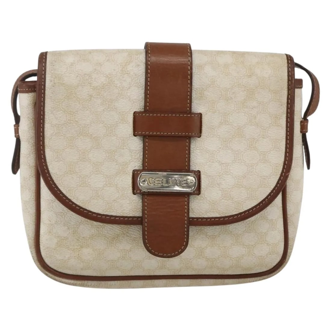 Celine Vintage Macadam Shoulder Bag White Canvas Leather: Celine Vintage Macadam Shoulder Bag White Canvas Leather This vintage Celine Macadam shoulder bag features a white canvas body with leather accents. Designed for women, it presents a compact silhouett