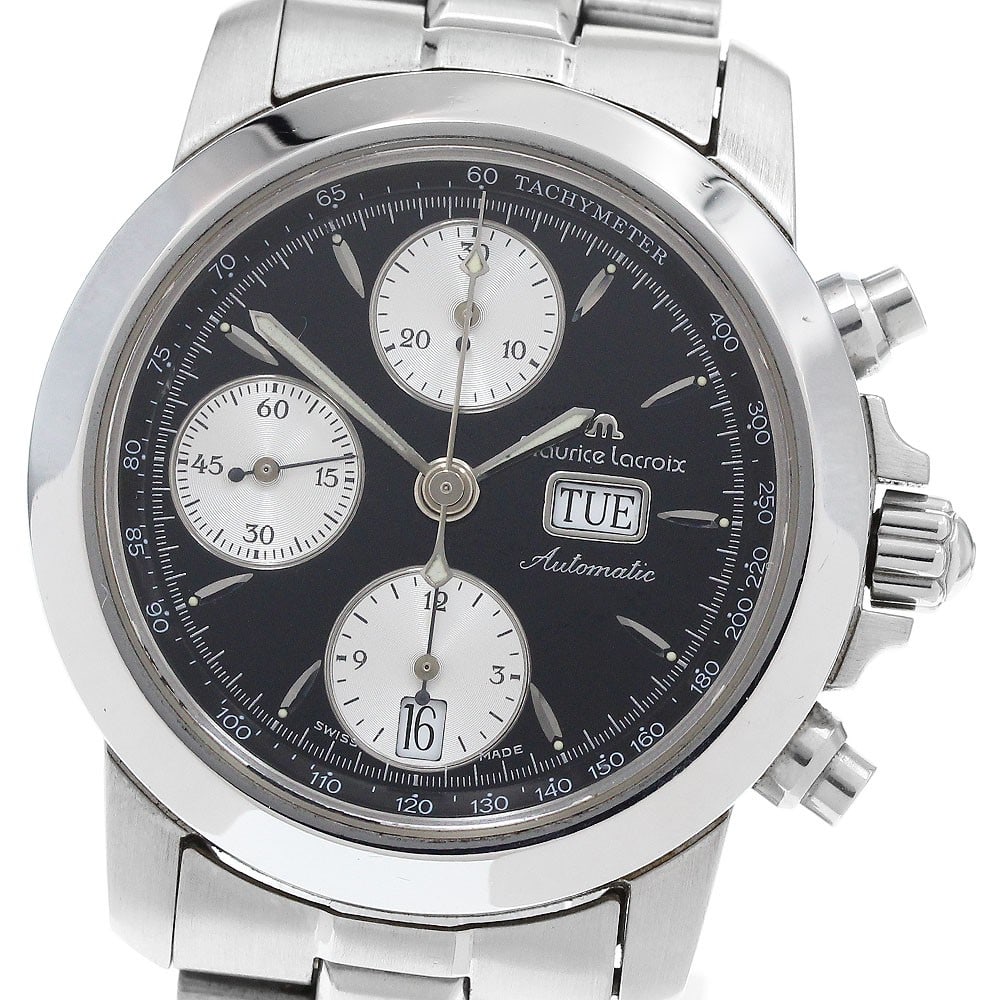 Maurice Lacroix Chroneo Automatic Steel Chronograph Day-Date 39721: Maurice Lacroix Chroneo Automatic Steel Chronograph Day-Date 39721 This Maurice Lacroix Chroneo Day-Date Chronograph men's wristwatch features a stainless steel case and band with a black and silver d