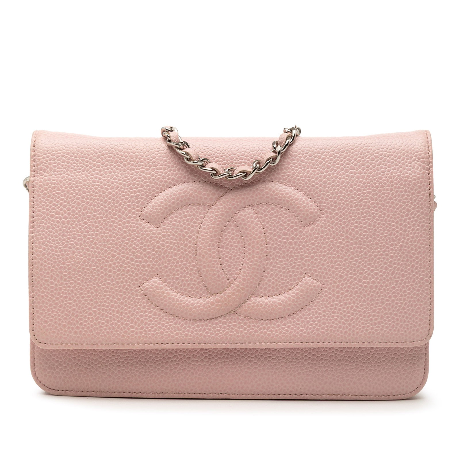 Pink Chanel Caviar Leather Wallet on Chain with Detachable Strap: Pink Chanel Caviar Leather Wallet on Chain with Detachable Strap This Chanel CC Caviar Wallet On Chain features a pink caviar leather body with a detachable chain link strap. It has a top flap with a 