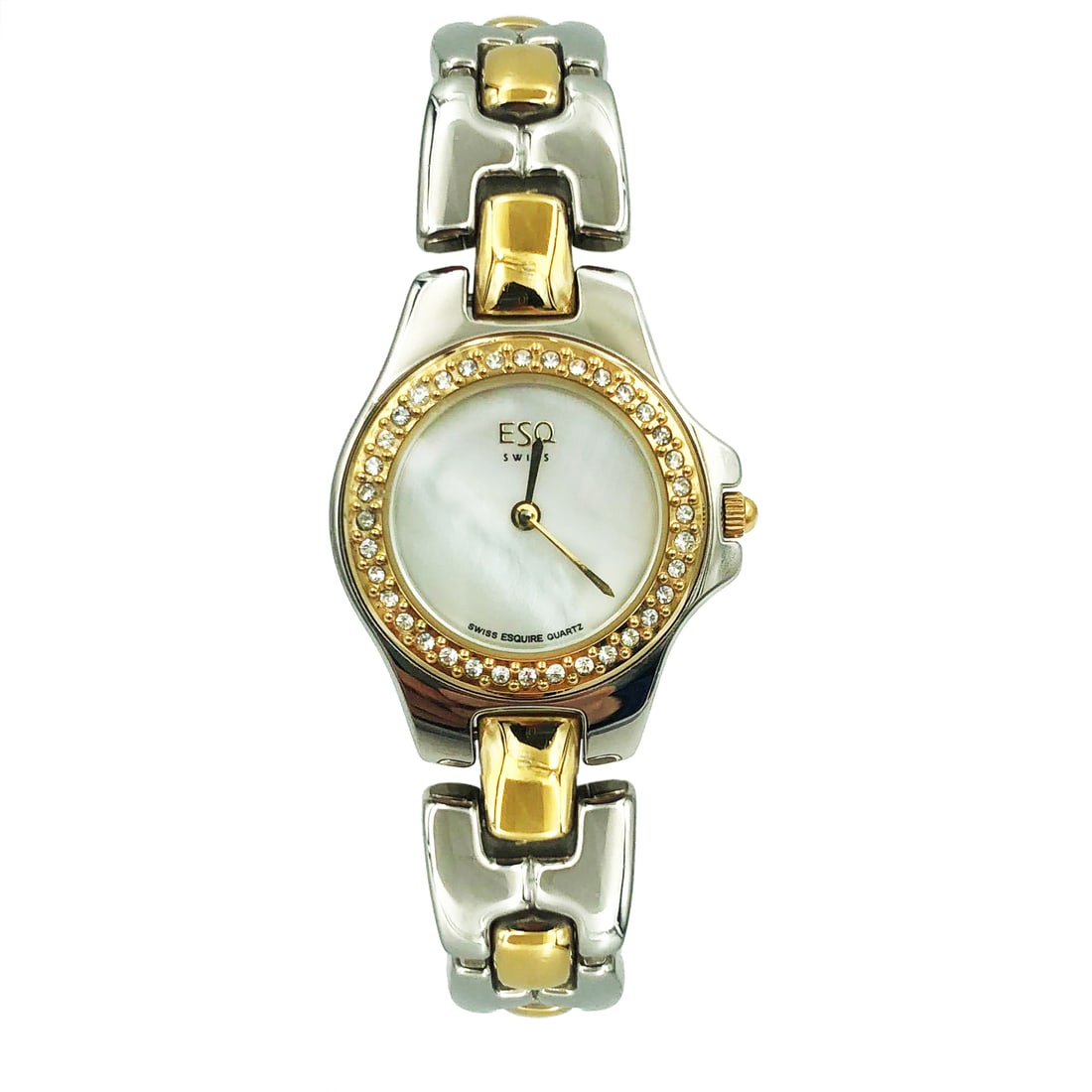 ESQ Contessa Two Tone Quartz Ladies Watch MOP Dial Gold Gem-Set Bezel: ESQ Contessa Two Tone Quartz Ladies Watch MOP Dial Gold Gem-Set Bezel This elegant ESQ Contessa wristwatch combines style and sophistication, perfect for both dressy and formal occasions. The watch fe