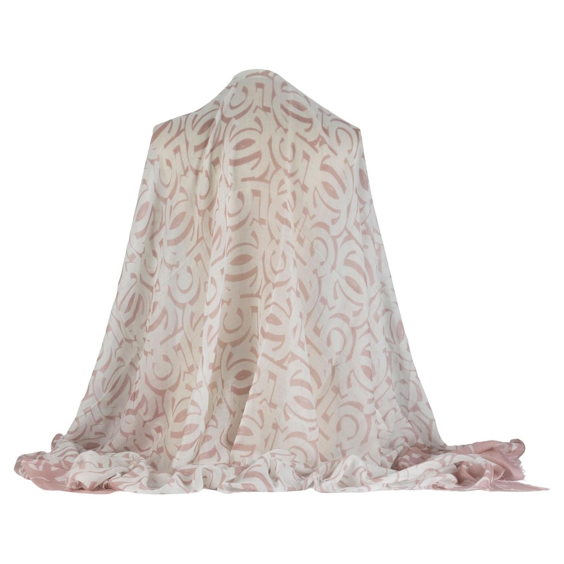 Chanel Pink White Logo Cashmere Shawl: Chanel Pink White Logo Cashmere Shawl This Chanel cashmere shawl features a pink and white color combination with a logo design. Crafted in Italy, it offers a luxurious and soft accessory suitable for