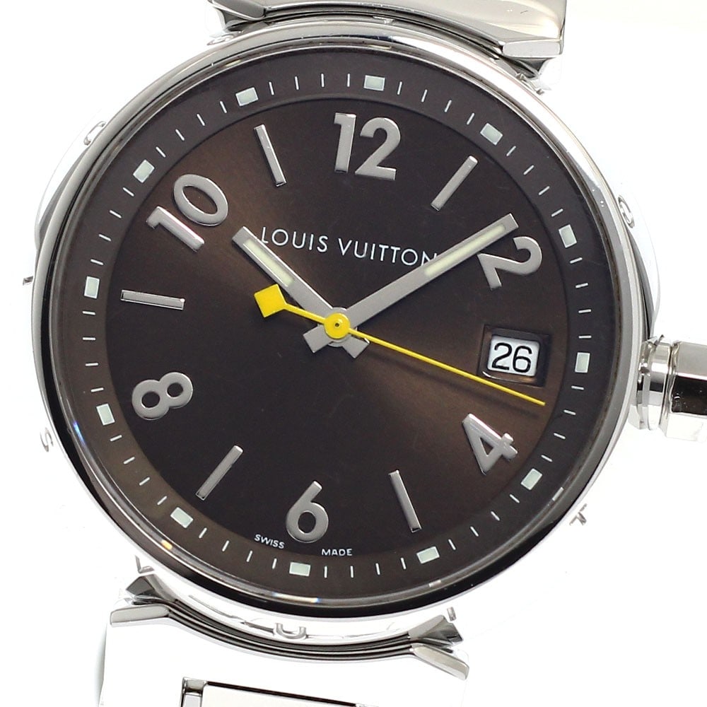 Louis Vuitton Tambour Q1311 Women's Quartz Date Watch: Louis Vuitton Tambour Q1311 Women's Quartz Date Watch This Louis Vuitton Tambour Date Quartz ladies wristwatch features a stainless steel case and bracelet with a brown dial. The watch is powered by a