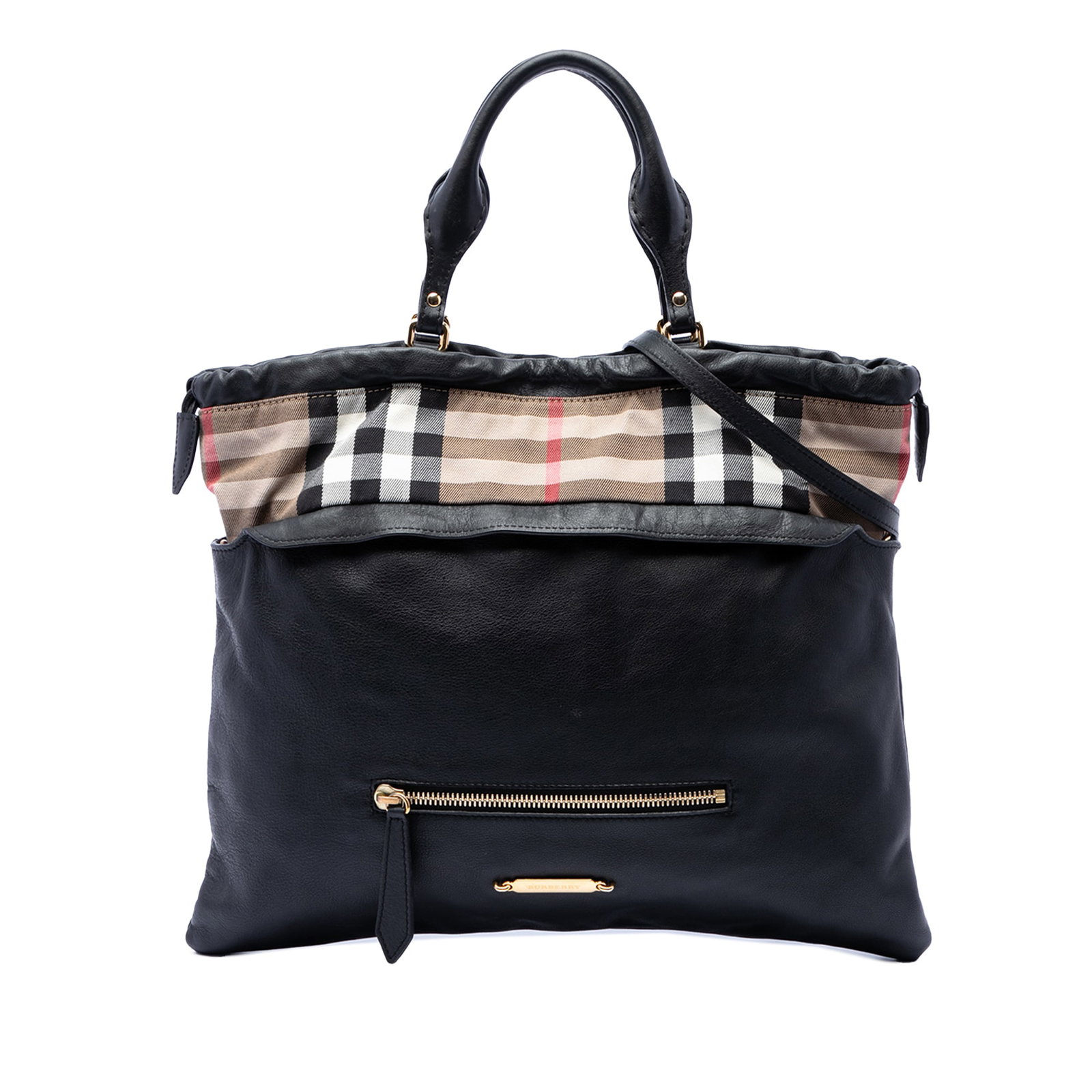Burberry Big Crush Convertible Tote in Black Leather: Burberry Big Crush Convertible Tote in Black Leather Burberry Big Crush convertible tote crafted in leather with House Check canvas trim. This satchel-style bag features rolled leather handles, a deta