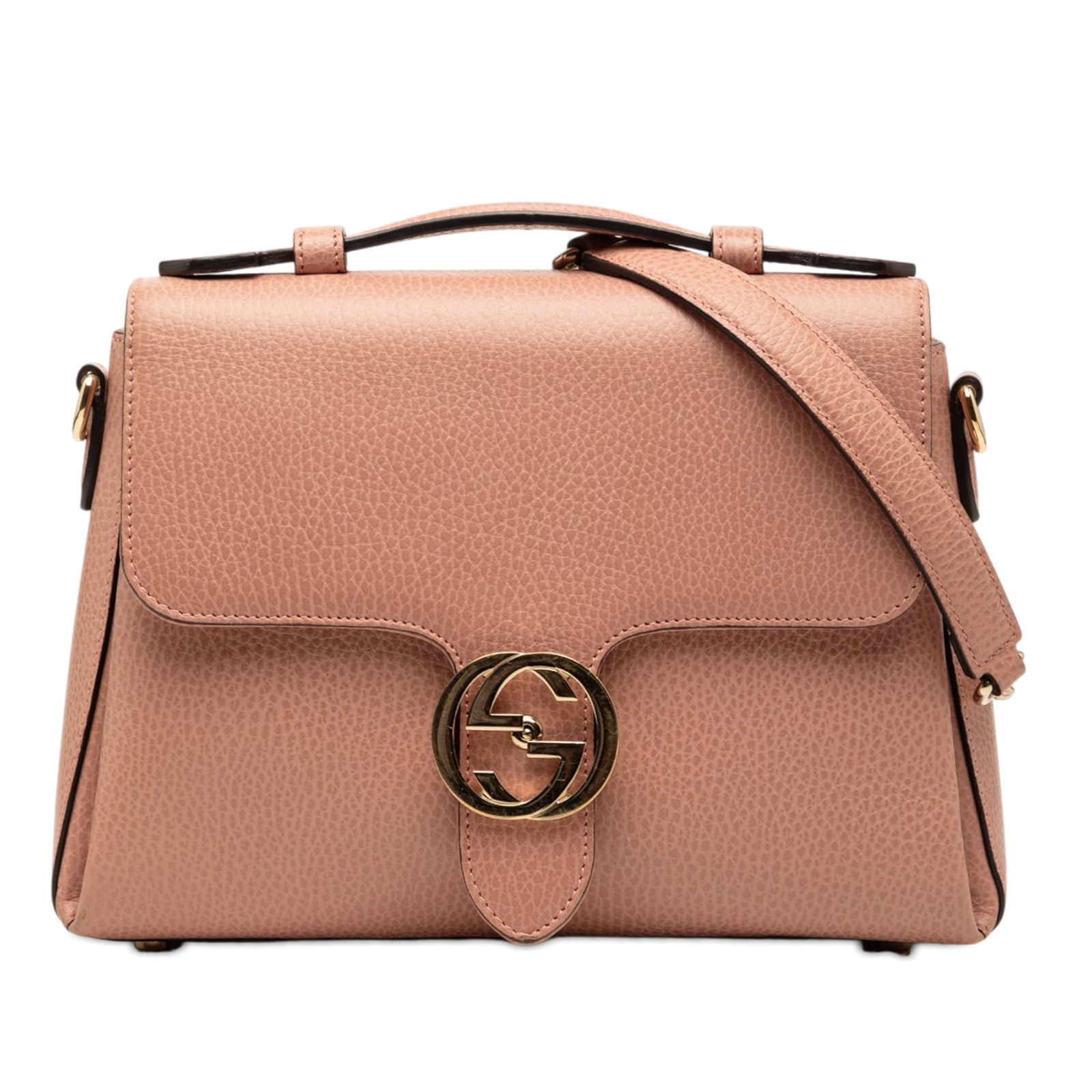 Gucci Pink Leather Satchel Small Dollar Calf Interlocking G: Gucci Pink Leather Satchel Small Dollar Calf Interlocking G This Gucci Small Dollar Calf Interlocking G Satchel is crafted from pink leather and features a flat leather top handle, a detachable curb c