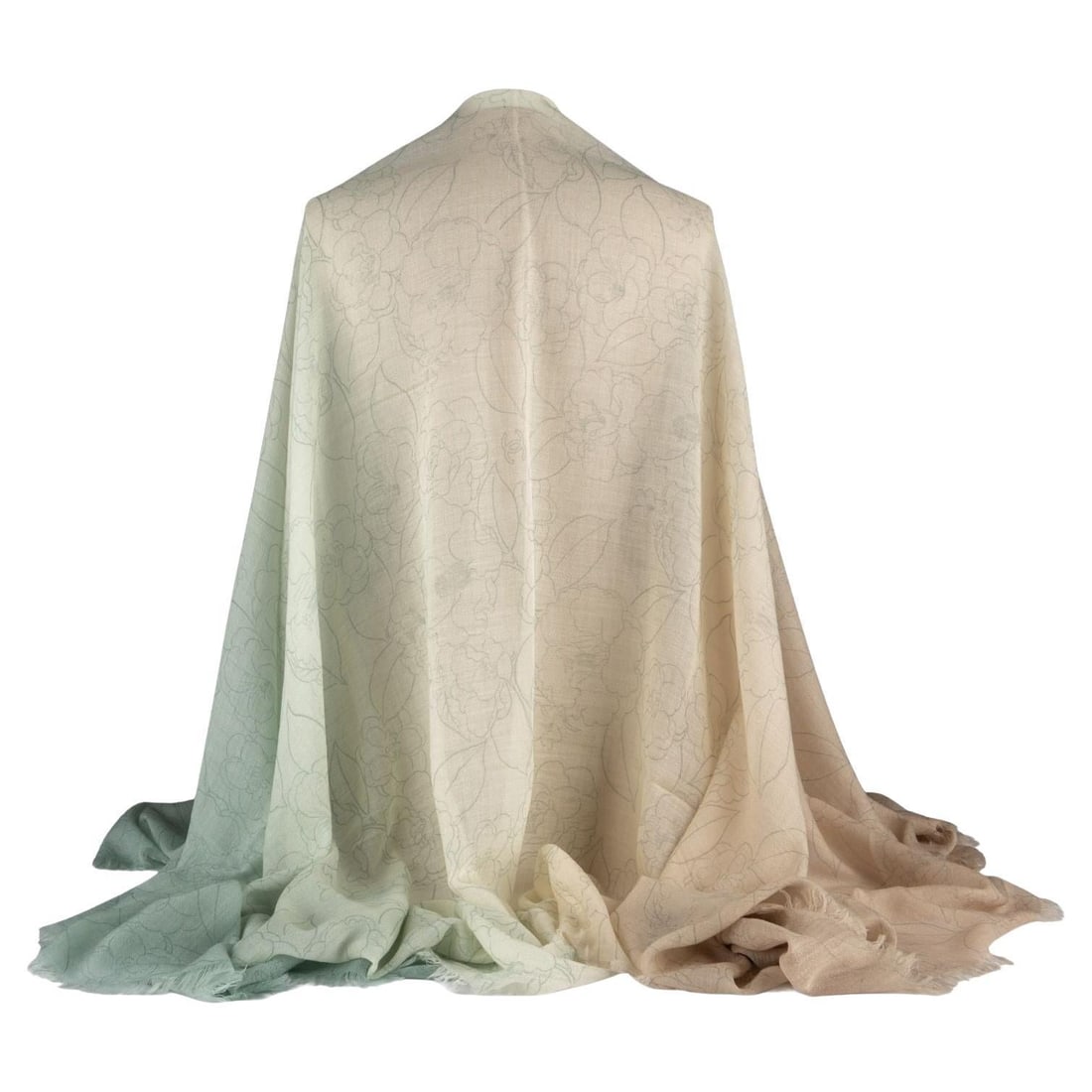 Chanel Ombre Cashmere Shawl 56 x 72 Italy: Chanel Ombre Cashmere Shawl 56 x 72 Italy Elevate your wardrobe with this exquisite Chanel New Ombre Cashmere Shawl. Crafted in Italy, this shawl showcases a sophisticated blend of cream, natural, and