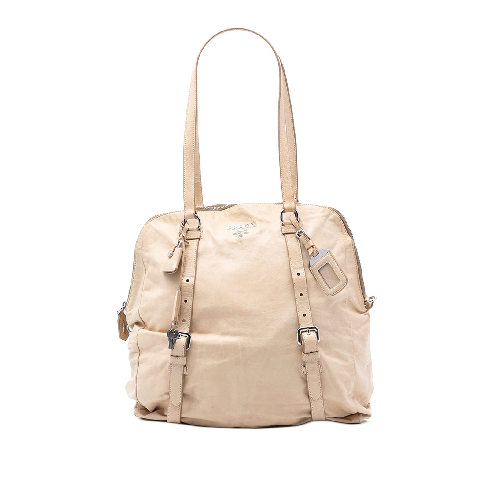 Prada Brown Nappa Leather New Look Tote Bag with Clochette: Prada Brown Nappa Leather New Look Tote Bag with Clochette This Prada Nappa New Look Tote features a brown nappa leather body with an adjustable flat leather strap, a clochette, and a top zip closure.