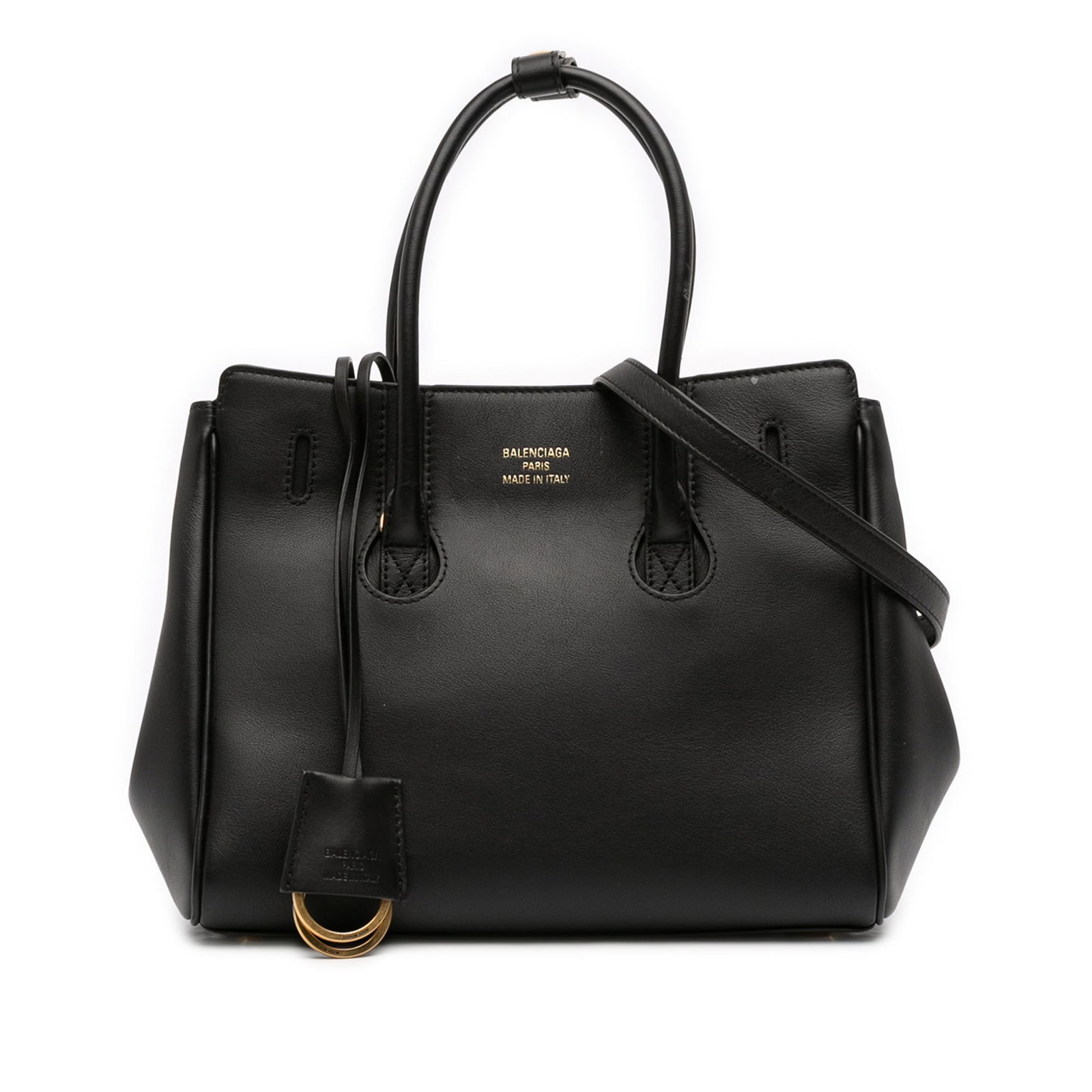 Balenciaga Hampton Mini Black Leather Satchel: Balenciaga Hampton Mini Black Leather Satchel This Balenciaga Mini Smooth Calfskin Hampton Carry All Satchel is crafted from smooth black calf leather and features rolled leather top handles, a detach