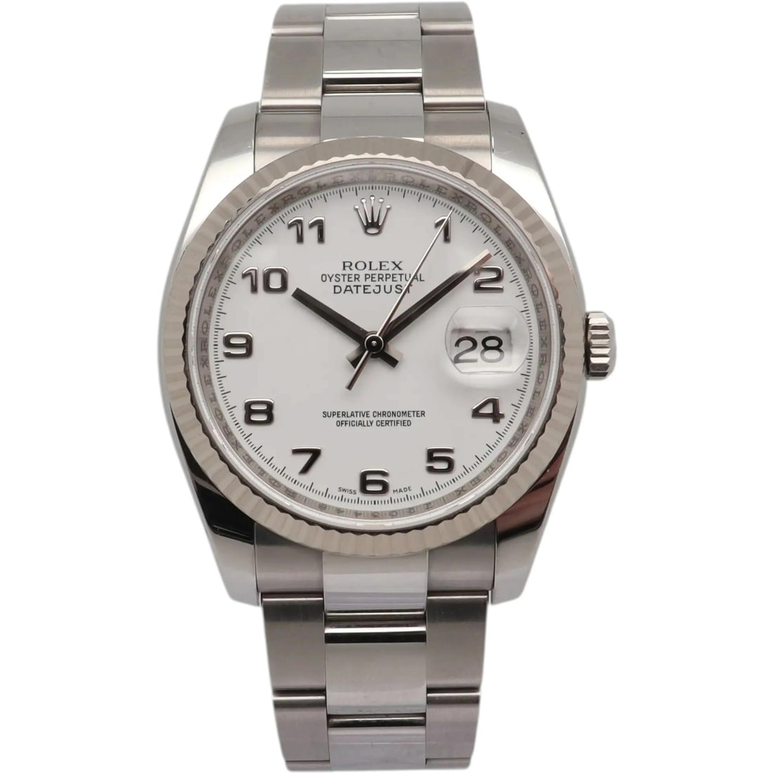 Men's Rolex Datejust 116234 Stainless Steel and White Gold White Sunburst Dial Watch: Men's Rolex Datejust 116234 Stainless Steel and White Gold White Sunburst Dial Watch This Rolex Datejust 116234 is a luxury men's wristwatch featuring a stainless steel case with an 18K white gold flu