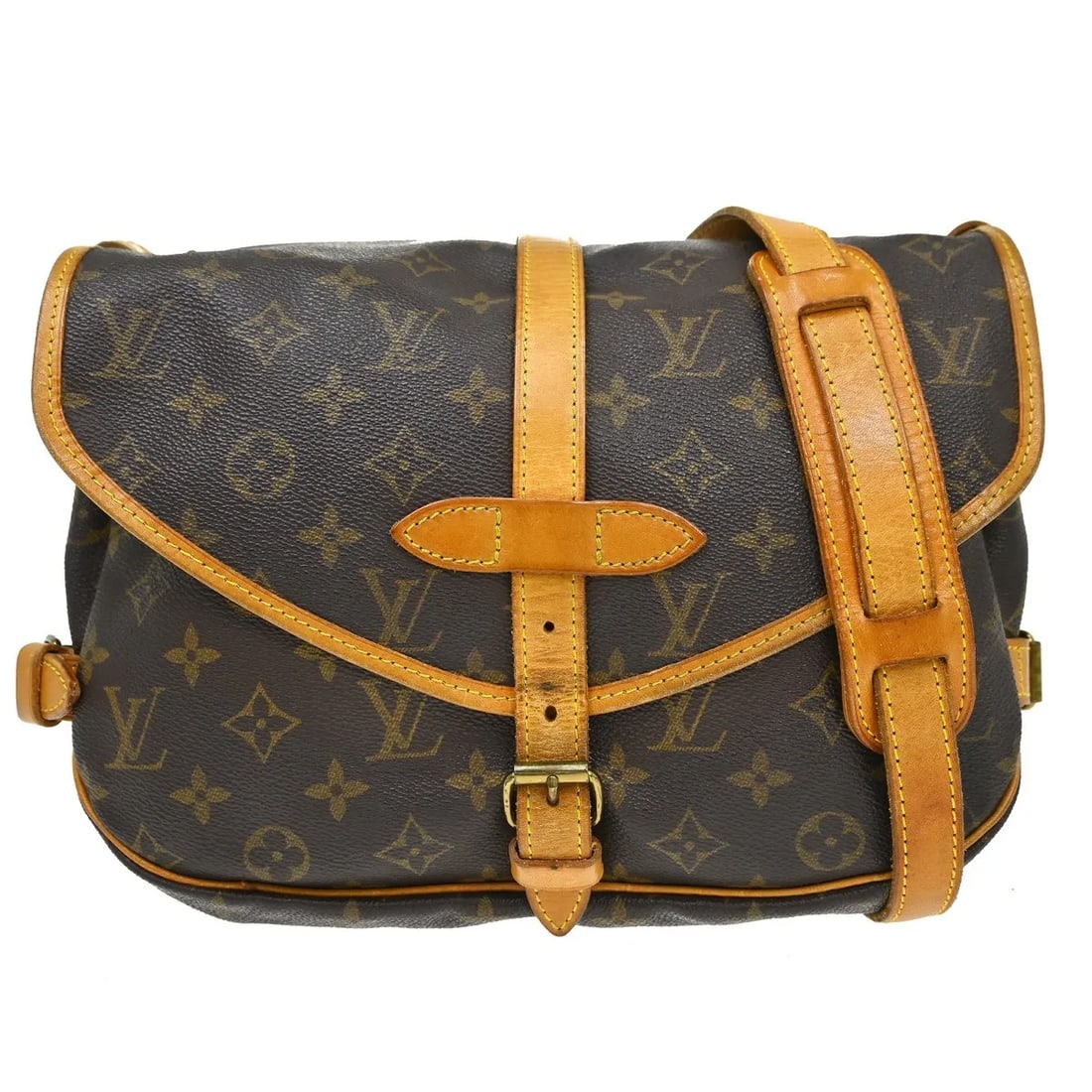 Louis Vuitton Saumur Shoulder Bag in Brown Monogram Canvas: Louis Vuitton Saumur Shoulder Bag in Brown Monogram Canvas Louis Vuitton Saumur shoulder bag in brown monogram canvas. This unisex bag is made in France and remains in good condition with visible wear