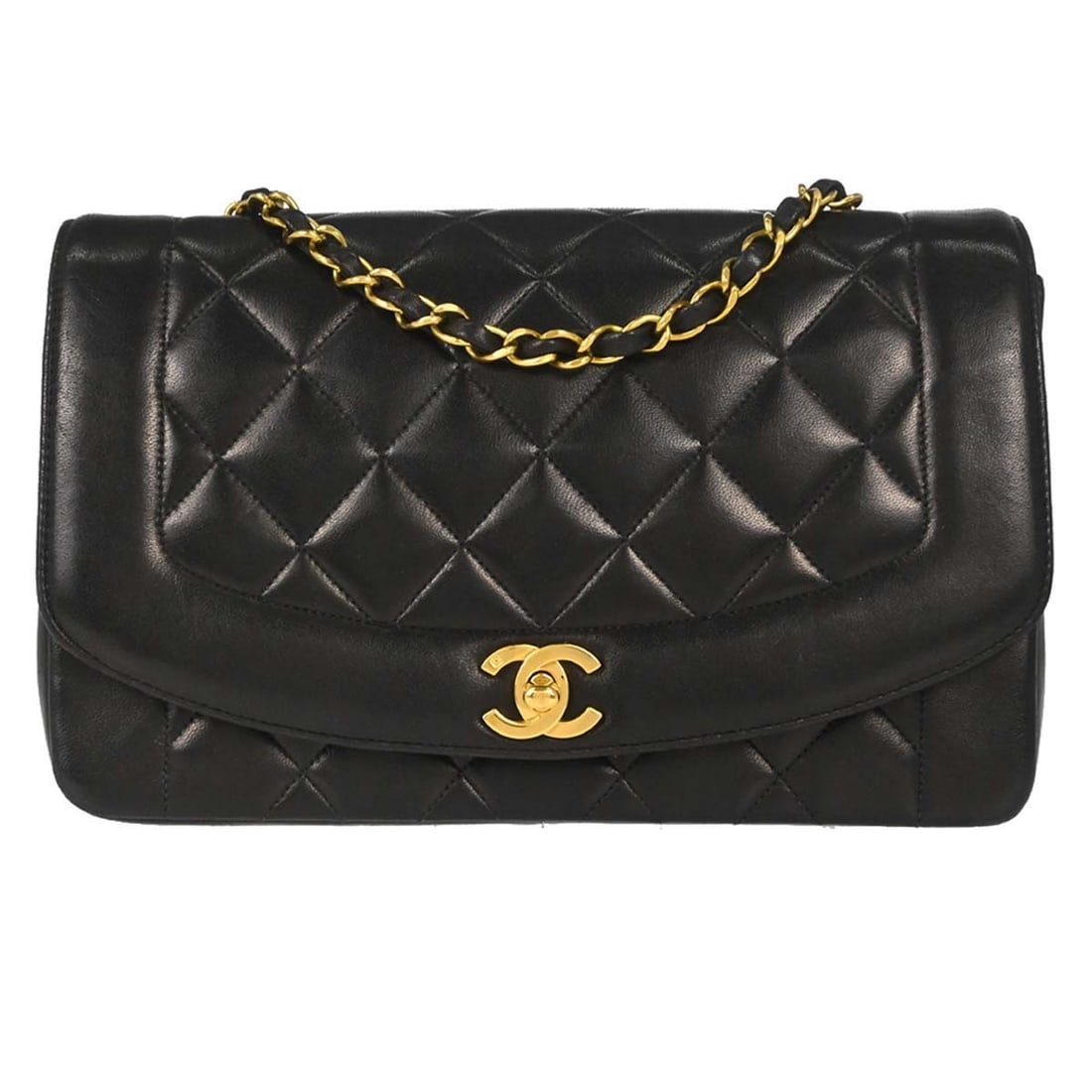 CHANEL Diana Medium Black Lambskin Shoulder Bag: CHANEL Diana Medium Black Lambskin Shoulder Bag Chanel Diana medium shoulder bag in black lambskin with a canvas lining and shoulder strap. This women's bag features interior pockets and comes with a 