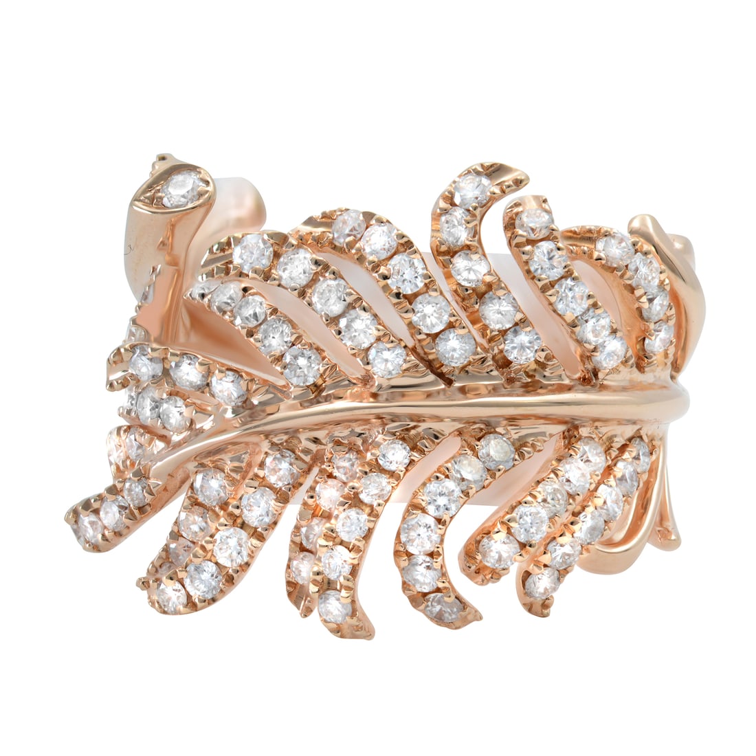 Rachel Koen 18K Rose Gold Diamond Feather Ring 1.24Cttw Size 6: Rachel Koen 18K Rose Gold Diamond Feather Ring 1.24Cttw Size 6 Make a bold statement with the Rachel Koen Diamond Feather Statement Ring, exquisitely crafted in 18K rose gold. This stunning band featu