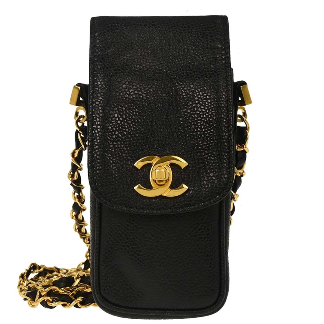 CHANEL Chain Shoulder Bag Black Caviar Leather Phone Case Pochette: CHANEL Chain Shoulder Bag Black Caviar Leather Phone Case Pochette Compact Chanel pochette phone case in black caviar skin leather with a flap closure and chain shoulder strap. This women's bag featur