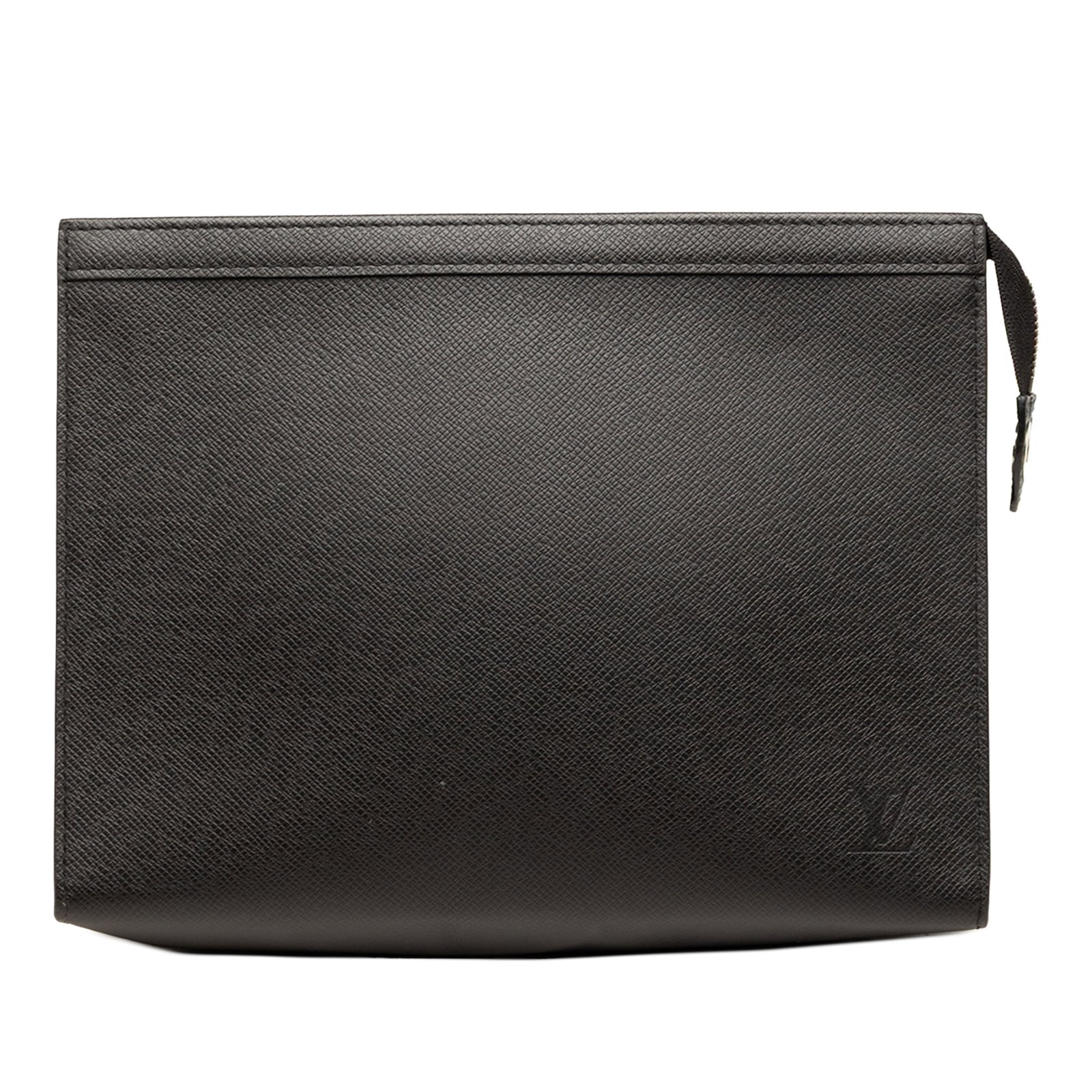 Black Taiga Leather Clutch Louis Vuitton Pochette Voyage MM: Black Taiga Leather Clutch Louis Vuitton Pochette Voyage MM Louis Vuitton Taiga Pochette Voyage MM crafted in black Taiga leather with a top zip closure and interior slip pockets. Made in France, this