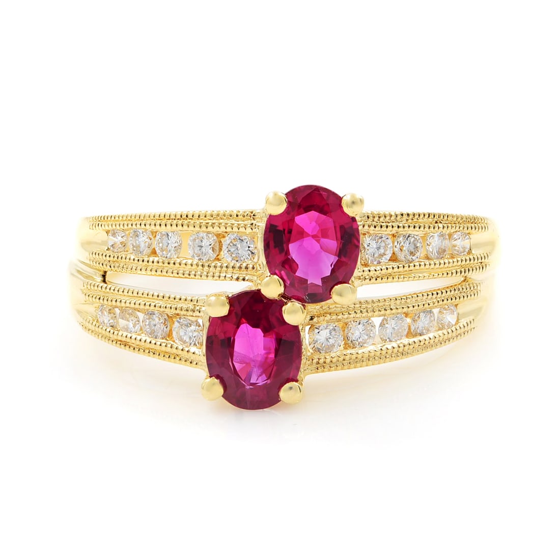 Rachel Koen 14K Yellow Gold Ruby Diamond Cocktail Ring 1.19cttw Adjustable Size 6.75: Rachel Koen 14K Yellow Gold Ruby Diamond Cocktail Ring 1.19cttw Adjustable Size 6.75 This exquisite Rachel Koen cocktail ring features two stunning oval-shaped rubies, totaling 0.95 carats, beautifull