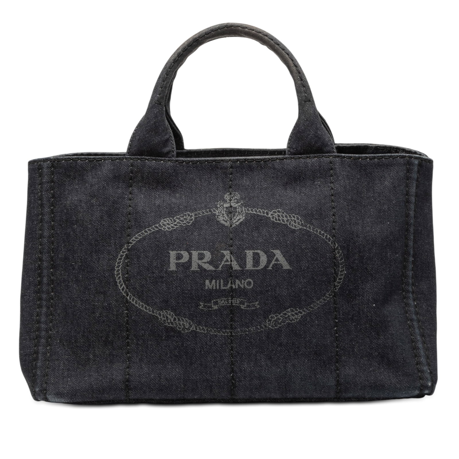 Prada Canapa Logo Denim Satchel Black Fabric Bag: Prada Canapa Logo Denim Satchel Black Fabric Bag This Prada Denim Canapa Logo Satchel features a black denim fabric body with rolled handles, an open top, and interior zip and slip pockets. The satche