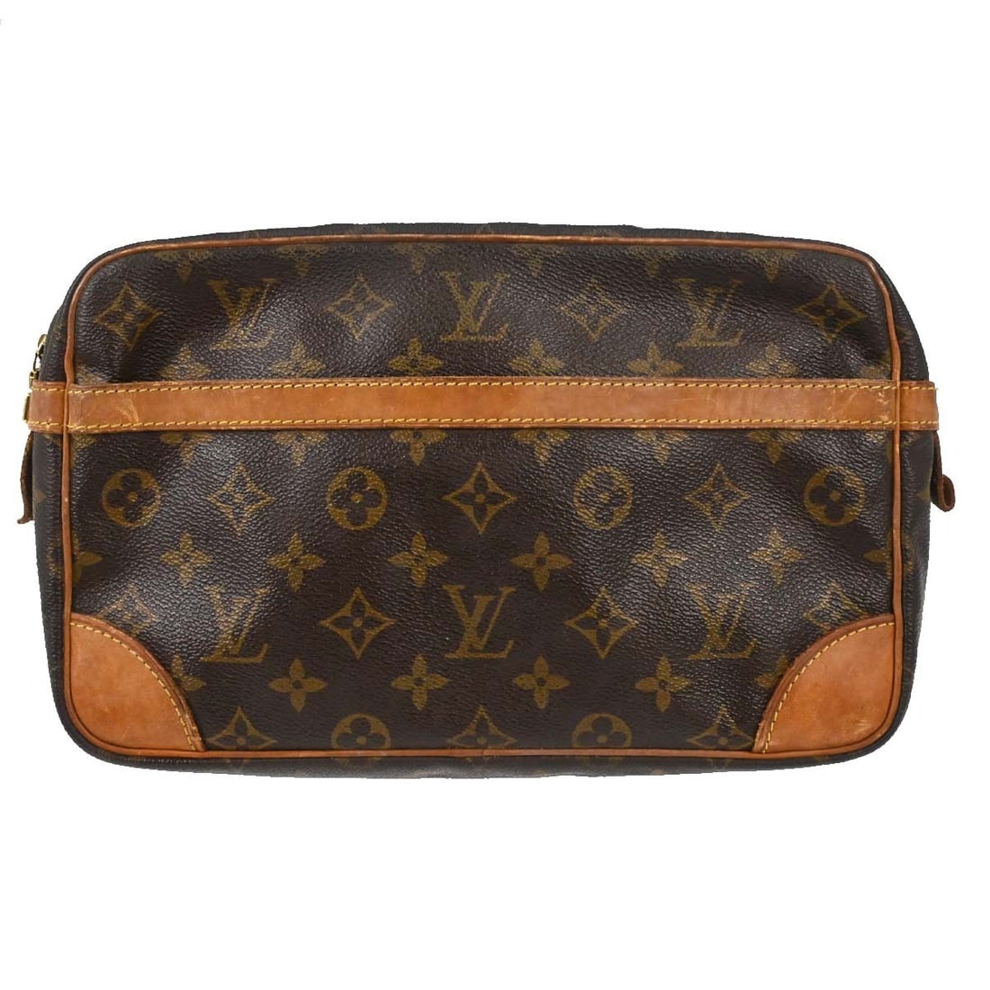 Louis Vuitton M51845 Monogram Canvas Clutch Bag Brown France: Louis Vuitton M51845 Monogram Canvas Clutch Bag Brown France Vintage Louis Vuitton Compiegne 28 clutch handbag in brown monogram canvas with leather trim and a zip closure. Made in France, this unisex