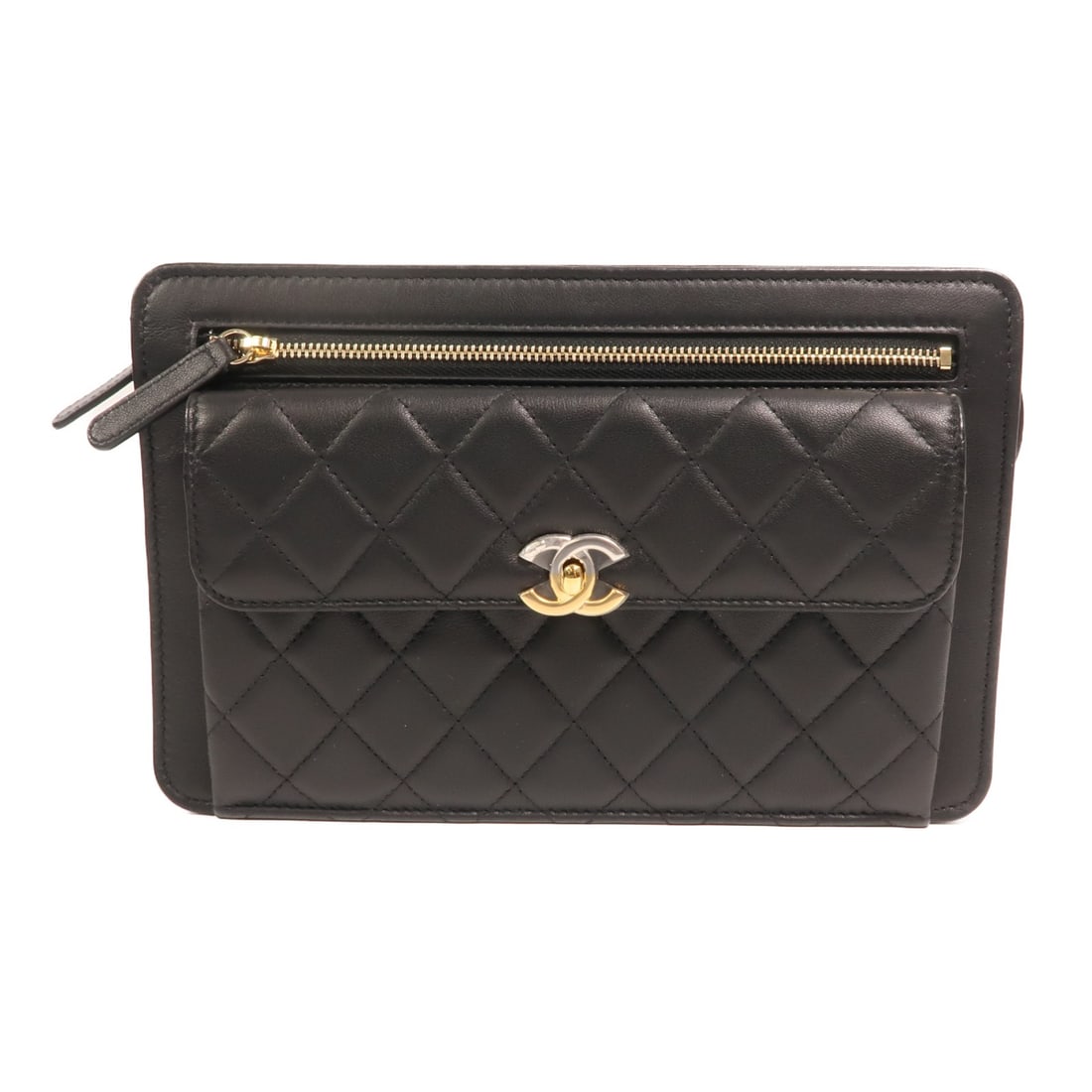 Chanel AP0170 CC Black Lambskin Clutch with Gold Tone Hardware: Chanel AP0170 CC Black Lambskin Clutch with Gold Tone Hardware A CHANEL clutch in black lambskin (sheep leather) with gold-tone hardware. The bag is identified as model AP0170 and is described as pris