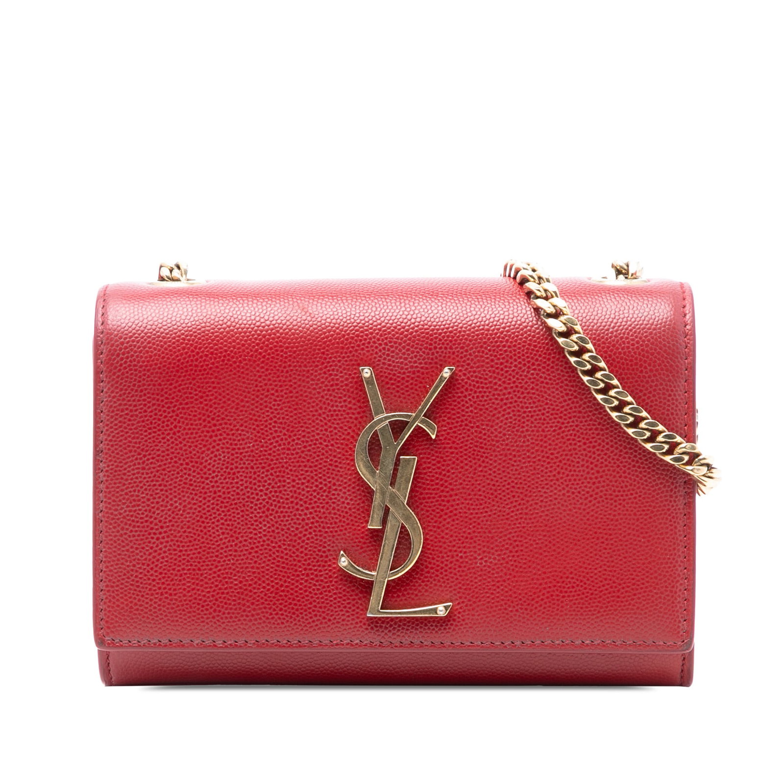Red Saint Laurent Kate Small Leather Shoulder Bag with Chain Strap: Red Saint Laurent Kate Small Leather Shoulder Bag with Chain Strap This Saint Laurent Small Leather Monogram Kate Crossbody features a leather exterior in red, a chain-link shoulder strap, a front fla