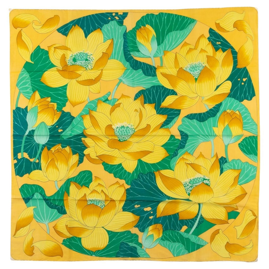 Hermes Fleurs De Lotus cotton scarf 32 in green yellow: Hermes Fleurs De Lotus cotton scarf 32 in green yellow Hermes "Fleurs De Lotus" scarf in green and yellow with hand-rolled edges. A 21st-century piece from France, it is made of 100% cotton and presen