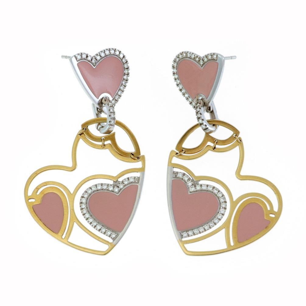 Roberto Coin Enamel Hearts 18k Gold Diamond Dangle Earrings: Roberto Coin Enamel Hearts 18k Gold Diamond Dangle Earrings Elevate your jewelry collection with these stunning Roberto Coin Diamond Enamel Dangle Earrings from the Enamel Hearts Collection. Expertly 