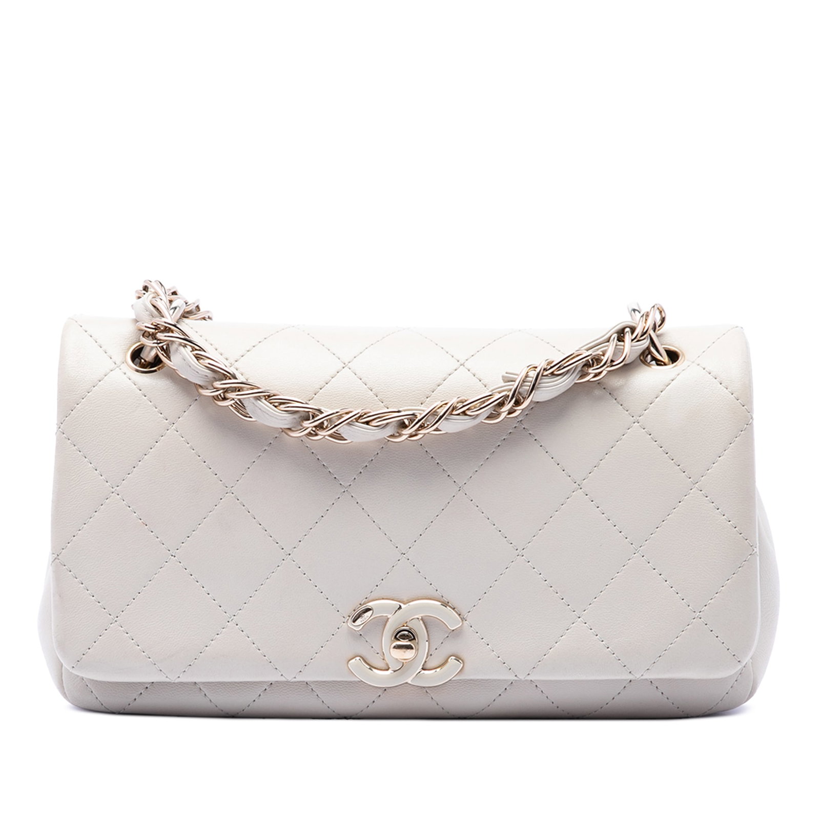 Chanel Twist Chain Enamel CC Flap Large Quilted Lambskin Crossbody: Chanel Twist Chain Enamel CC Flap Large Quilted Lambskin Crossbody Chanel Large Quilted Lambskin Twist Chain Enamel CC Flap crossbody bag in white. This bag features a quilted lambskin leather body, a