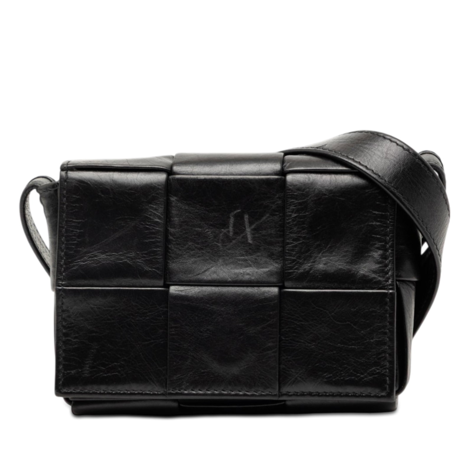 Bottega Veneta Candy Intrecciato leather crossbody bag: Bottega Veneta Candy Intrecciato leather crossbody bag This Bottega Veneta Candy Paper Calfskin Intrecciato Cassette Crossbody features a signature woven leather design in black, complemented by an ad