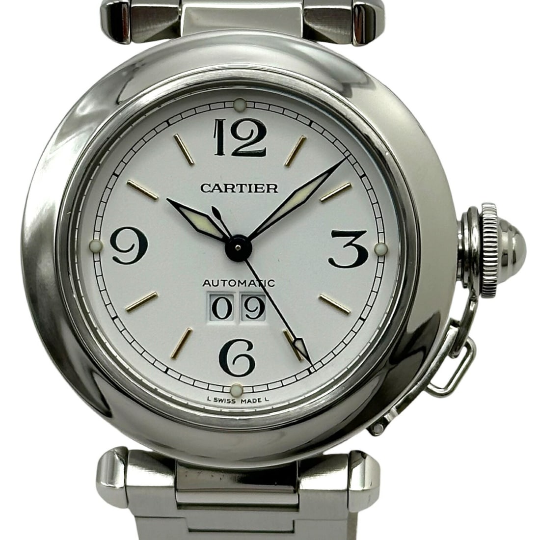 Cartier W31044M7 Pasha C Big Date Automatic Steel Watch White Dial: Cartier W31044M7 Pasha C Big Date Automatic Steel Watch White Dial Cartier Pasha C Big Date wristwatch, model W31044M7, with a white dial and stainless steel construction. It features an automatic mov