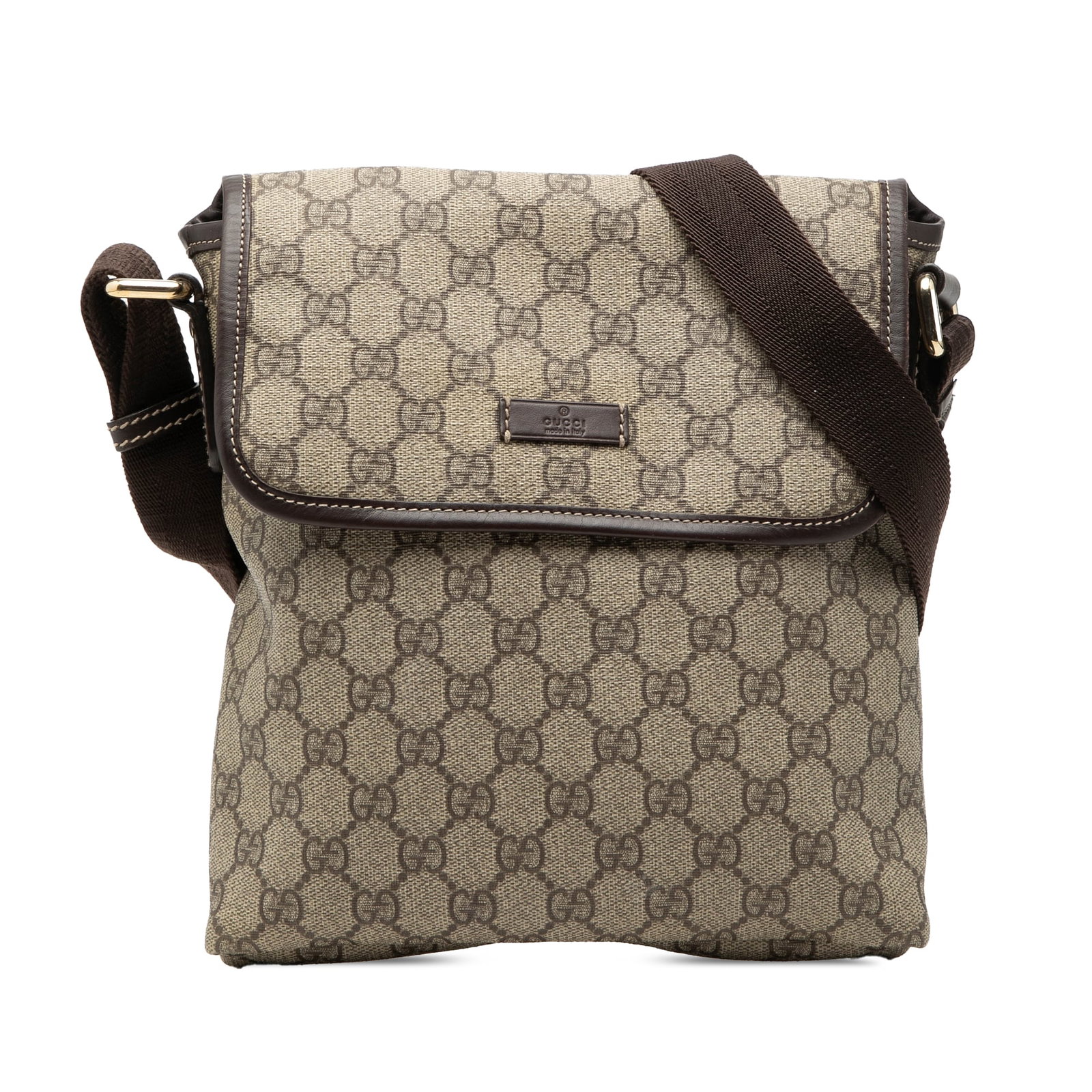Gucci GG Supreme beige crossbody bag with leather trim: Gucci GG Supreme beige crossbody bag with leather trim This Gucci GG Supreme Crossbody bag features a coated canvas exterior with leather trim, an adjustable flat canvas strap, and a front flap secure