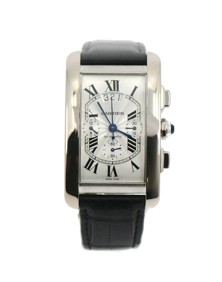 Cartier Tank Americaine XL Chronograph White Gold Wristwatch: Cartier Tank Americaine XL Chronograph White Gold Wristwatch This Cartier Tank Americaine XL Chronograph is a luxury men's wristwatch crafted in 18K white gold. The watch features a smooth gold bezel,