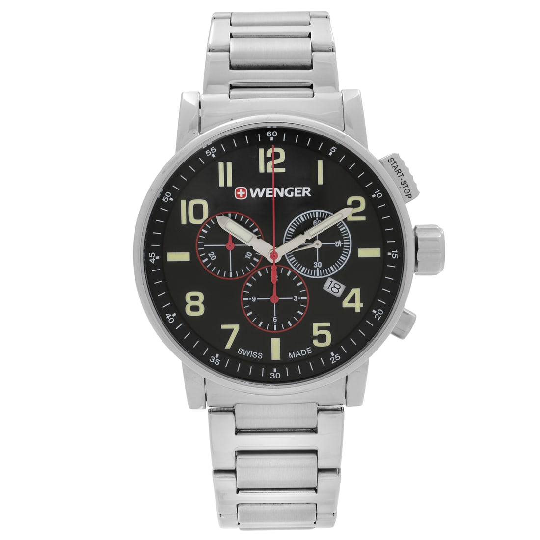 Wenger Attitude Steel Chronograph Black Dial Mens Quartz Watch 43mm: Wenger Attitude Steel Chronograph Black Dial Mens Quartz Watch 43mm The Wenger Attitude Steel Chronograph is a stylish men's wristwatch designed for both casual and formal occasions. Featuring a sleek