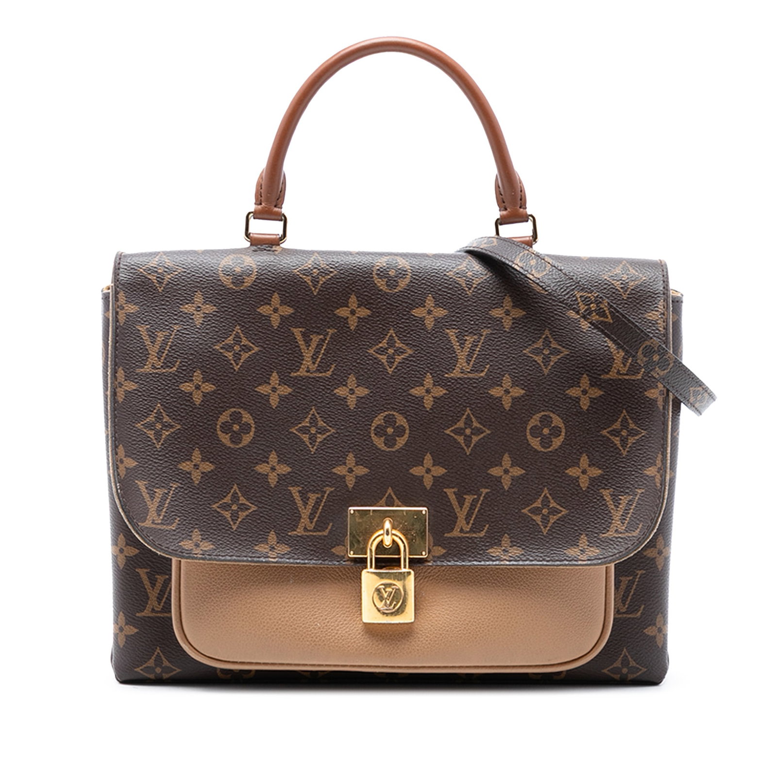 Louis Vuitton Marignan Brown Monogram Canvas Bag with Leather Top Handle: Louis Vuitton Marignan Brown Monogram Canvas Bag with Leather Top Handle This Louis Vuitton Monogram Marignan bag features a signature monogram canvas body with leather trim, a rolled leather top hand
