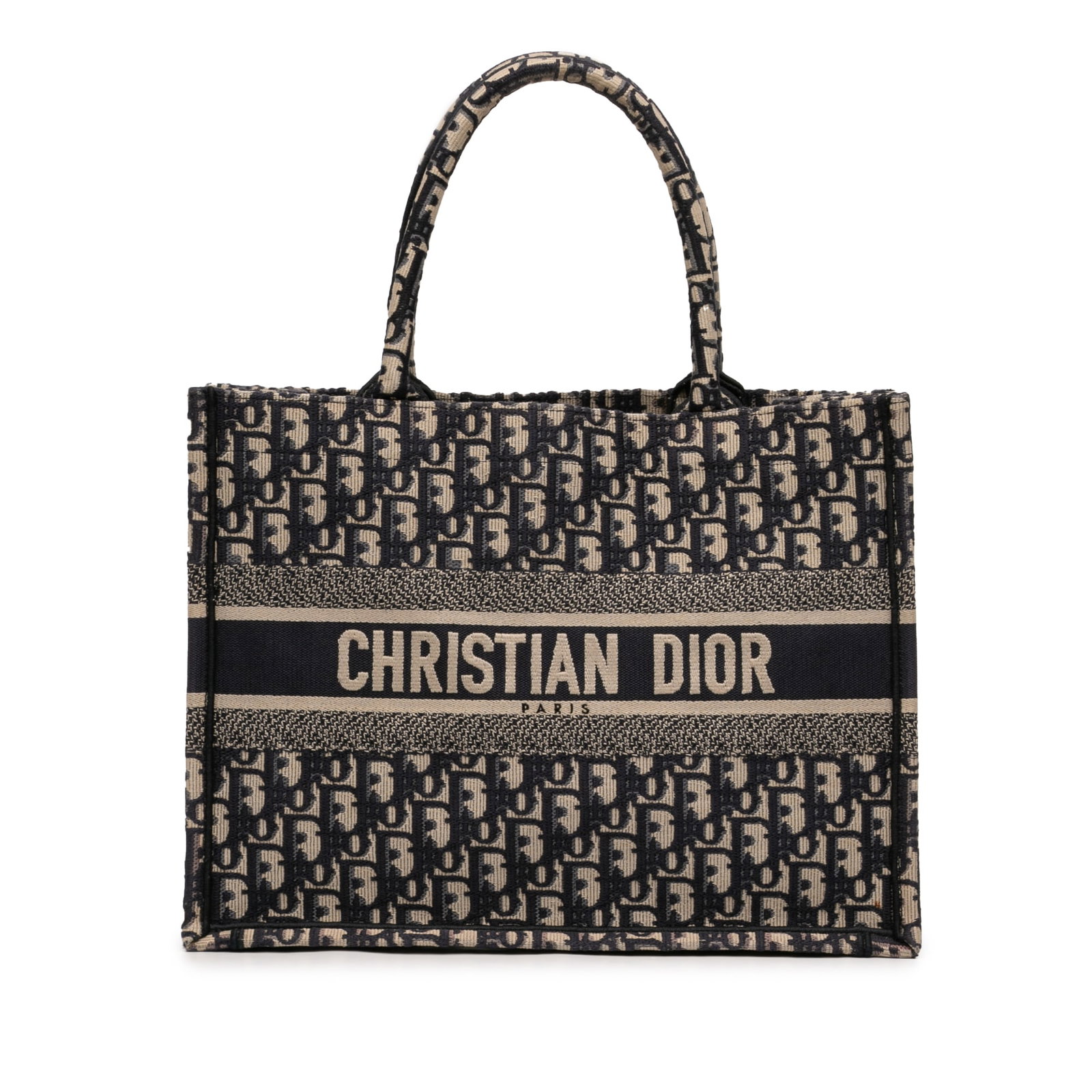 Dior Oblique Canvas Book Tote Medium Blue: Dior Oblique Canvas Book Tote Medium Blue This Dior Medium Oblique Embroidered Canvas Book Tote features a blue canvas body with the signature Oblique pattern, rolled canvas handles, and an open top d