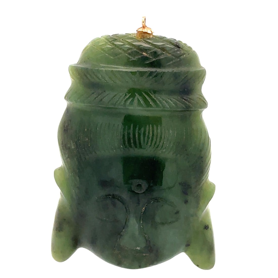 Vintage 14k Yellow Gold Buddha Head Green Jade Pendant: Vintage 14k Yellow Gold Buddha Head Green Jade Pendant This exquisite vintage pendant features a beautifully carved Buddha head made from natural genuine jade, showcasing a medium to dark green hue. T
