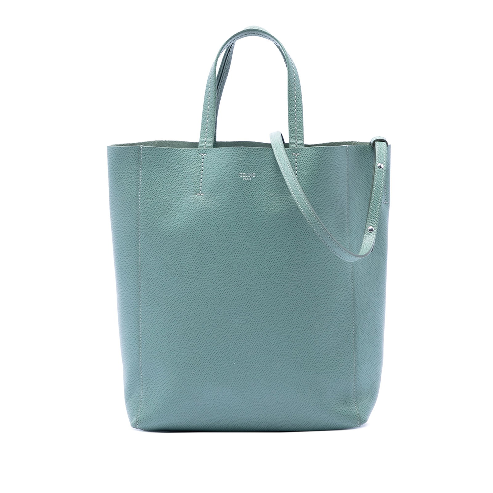 Blue Leather Tote Celine Vertical Cabas Small Grained Calfskin: Blue Leather Tote Celine Vertical Cabas Small Grained Calfskin Celine Small Grained Calfskin Vertical Cabas Tote in blue leather. This tote features flat leather handles, an adjustable flat leather st