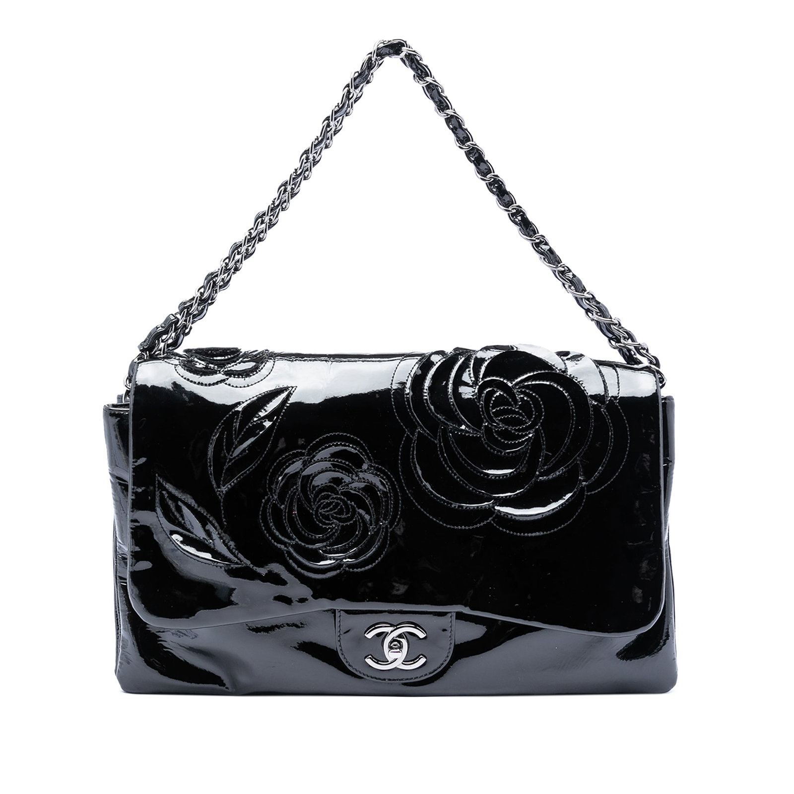 Chanel Camellia Patent Leather Flap Shoulder Bag: Chanel Camellia Patent Leather Flap Shoulder Bag This Chanel Patent Camellia Flap Bag is crafted from patent leather and features leather-woven chain link straps, a flap with CC turn-lock closure, an 