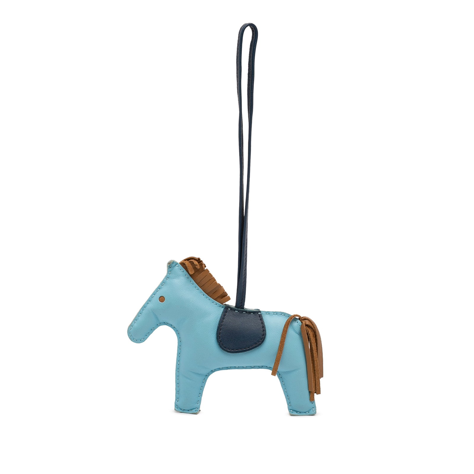 Hermes Grigri Rodeo MM Milo Lambskin Bag Charm: Hermes Grigri Rodeo MM Milo Lambskin Bag Charm Hermes Milo Lambskin Grigri Rodeo Bag Charm MM crafted in blue lambskin leather with a flat leather strap. Includes box. Condition is B+ with discolorati