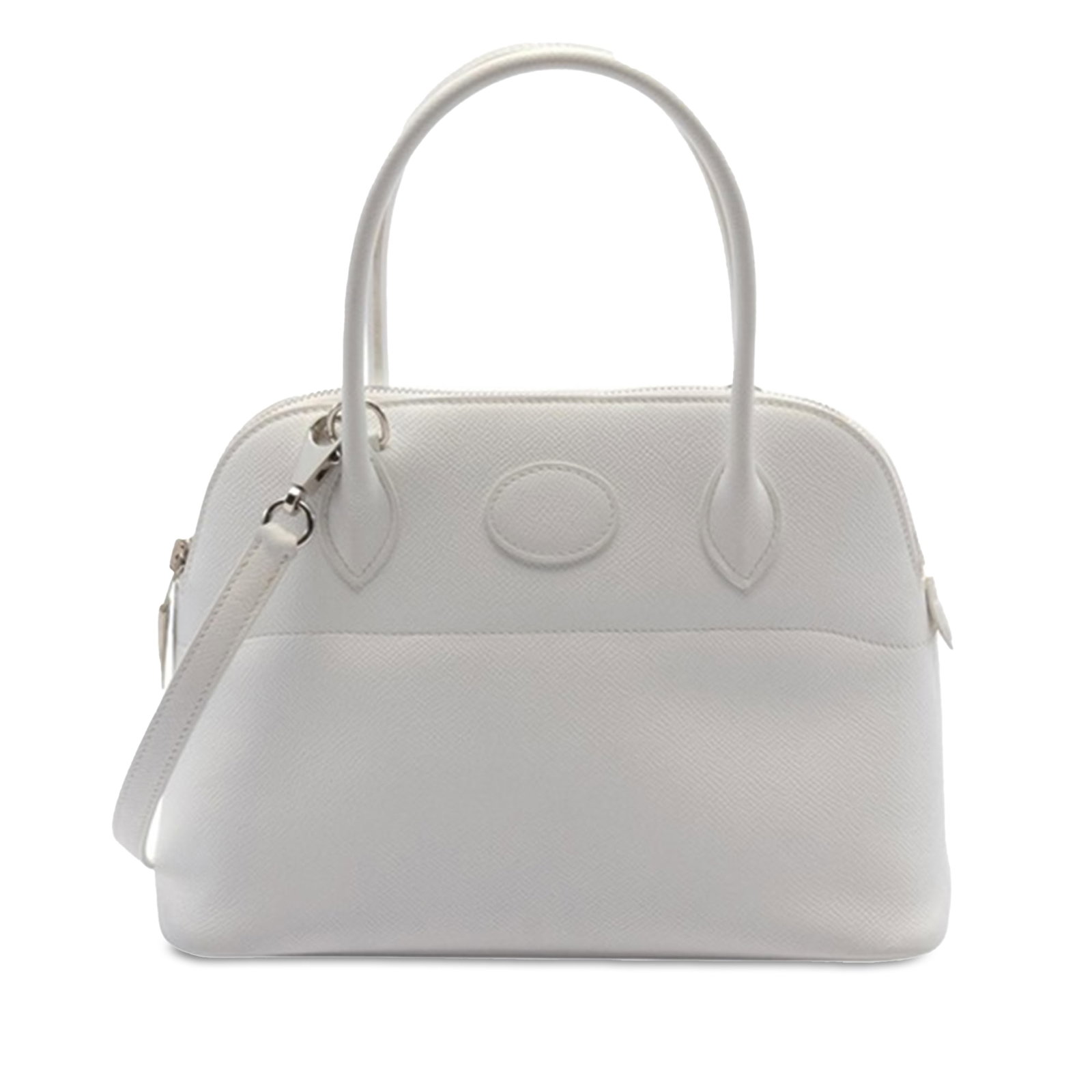 Hermes Epsom Bolide 27 White Leather Handbag: Hermes Epsom Bolide 27 White Leather Handbag The Hermes Epsom Bolide 27 is a stylish and functional bag crafted from high-quality Epsom leather in a pristine Blanc color. It features rolled leather ha