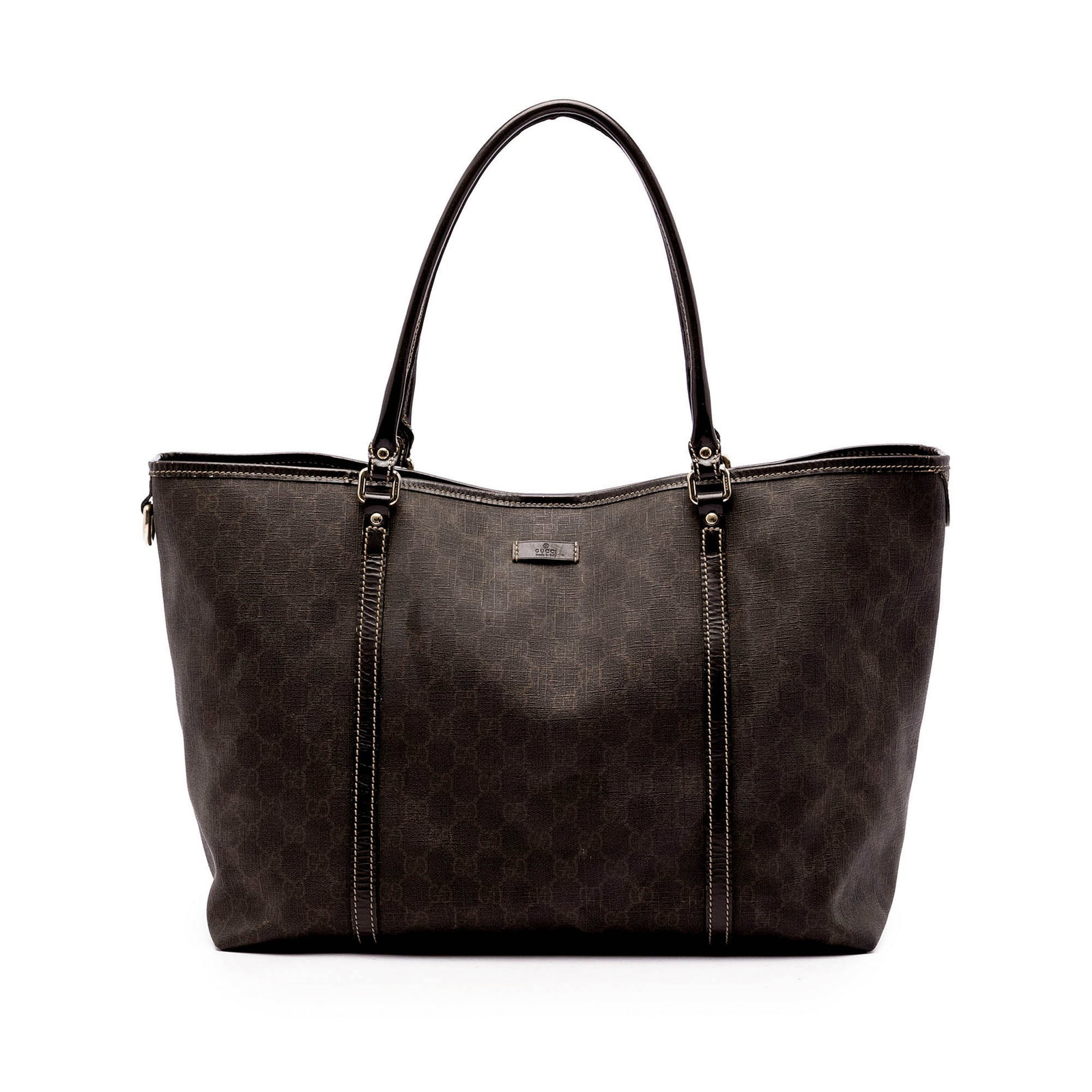 Gucci Joy Tote Large GG Supreme Coated Canvas Bag: Gucci Joy Tote Large GG Supreme Coated Canvas Bag Gucci Large GG Supreme Joy Tote in brown, made with a coated canvas body, leather trim, and rolled leather handles. It has an open top with magnetic s