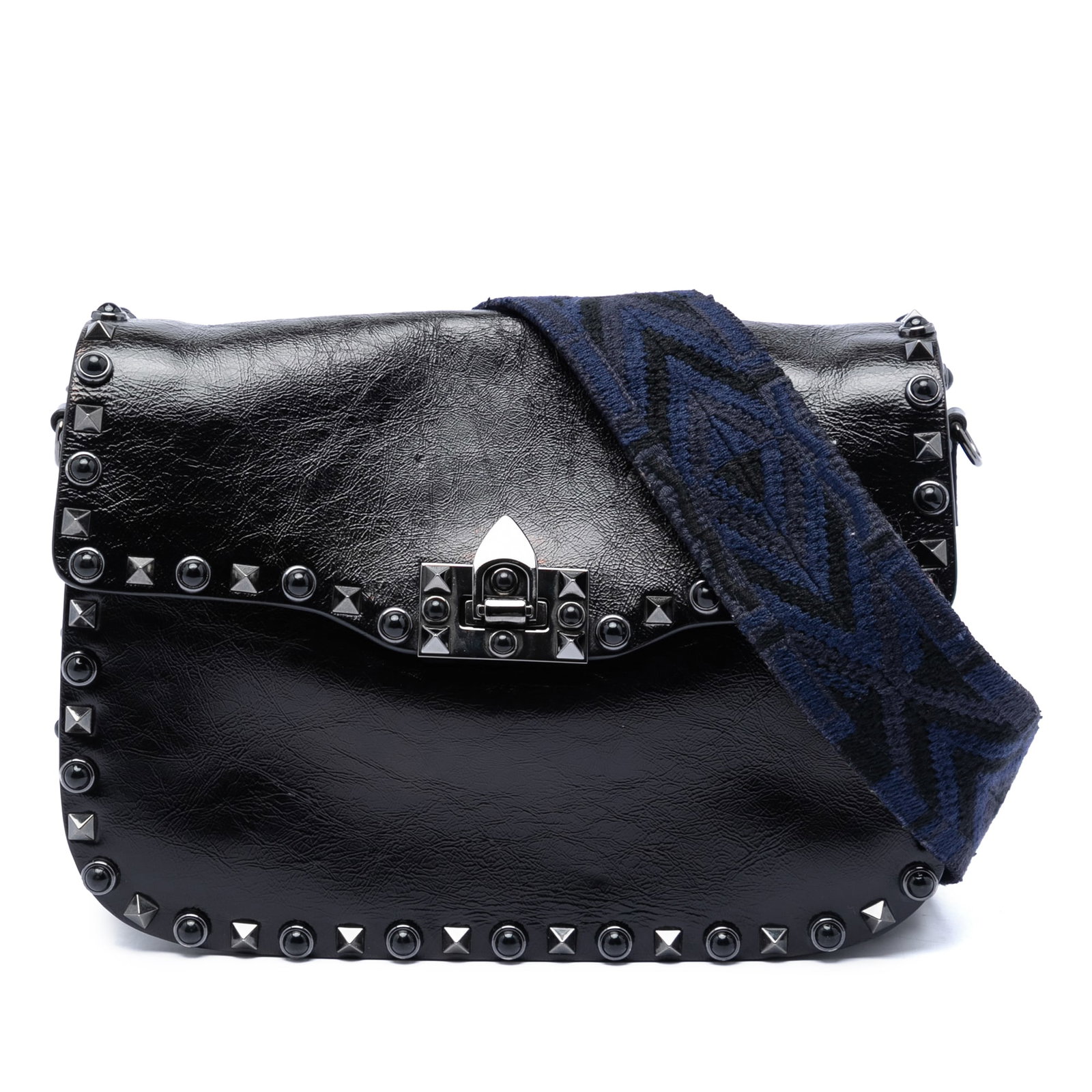Valentino Rockstud leather crossbody bag with flap closure: Valentino Rockstud leather crossbody bag with flap closure This Valentino Medium Craquele Calfskin Guitar Strap Rockstud Rolling Flap Crossbody bag features a studded leather exterior, an adjustable a