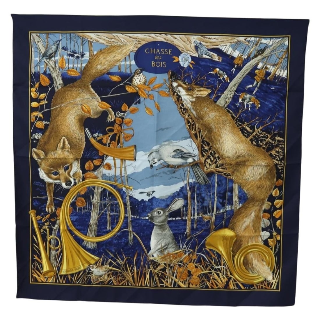 Hermes Chasse au Bois Carre 90 Silk Scarf Navy France: Hermes Chasse au Bois Carre 90 Silk Scarf Navy France Hermes Carre 90 "CHASSE au BOIS" scarf in navy silk. Made in France, this women's scarf is offered without the original box or dust bag. Condition