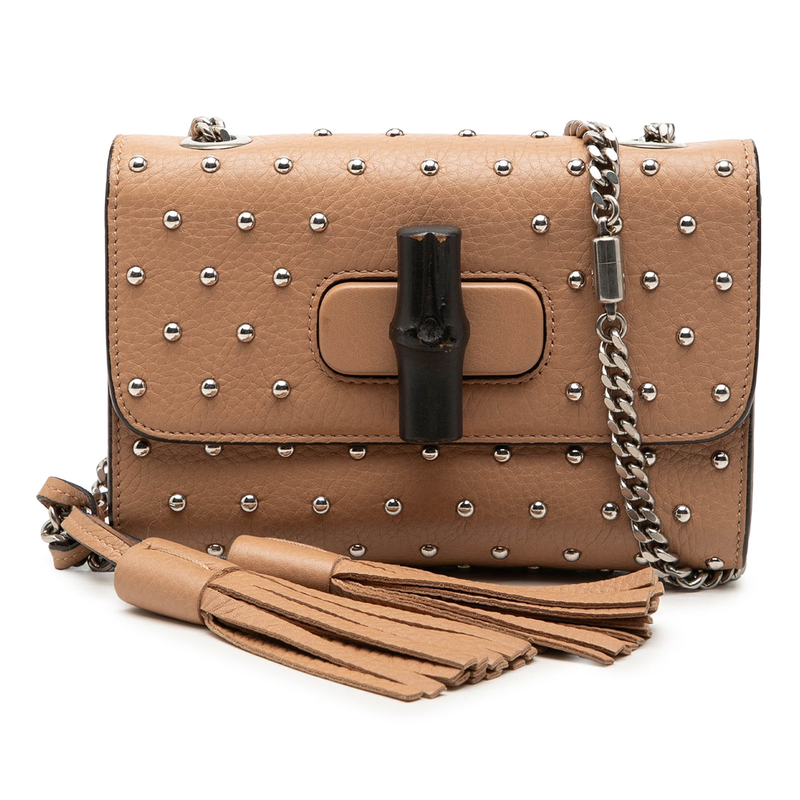 Gucci Miss Bamboo Small Studded Calfskin Crossbody Bag: Gucci Miss Bamboo Small Studded Calfskin Crossbody Bag This Gucci Small Calfskin Studded Miss Bamboo Crossbody is a beige leather bag made in Italy. It features a studded leather body, leather tassel 