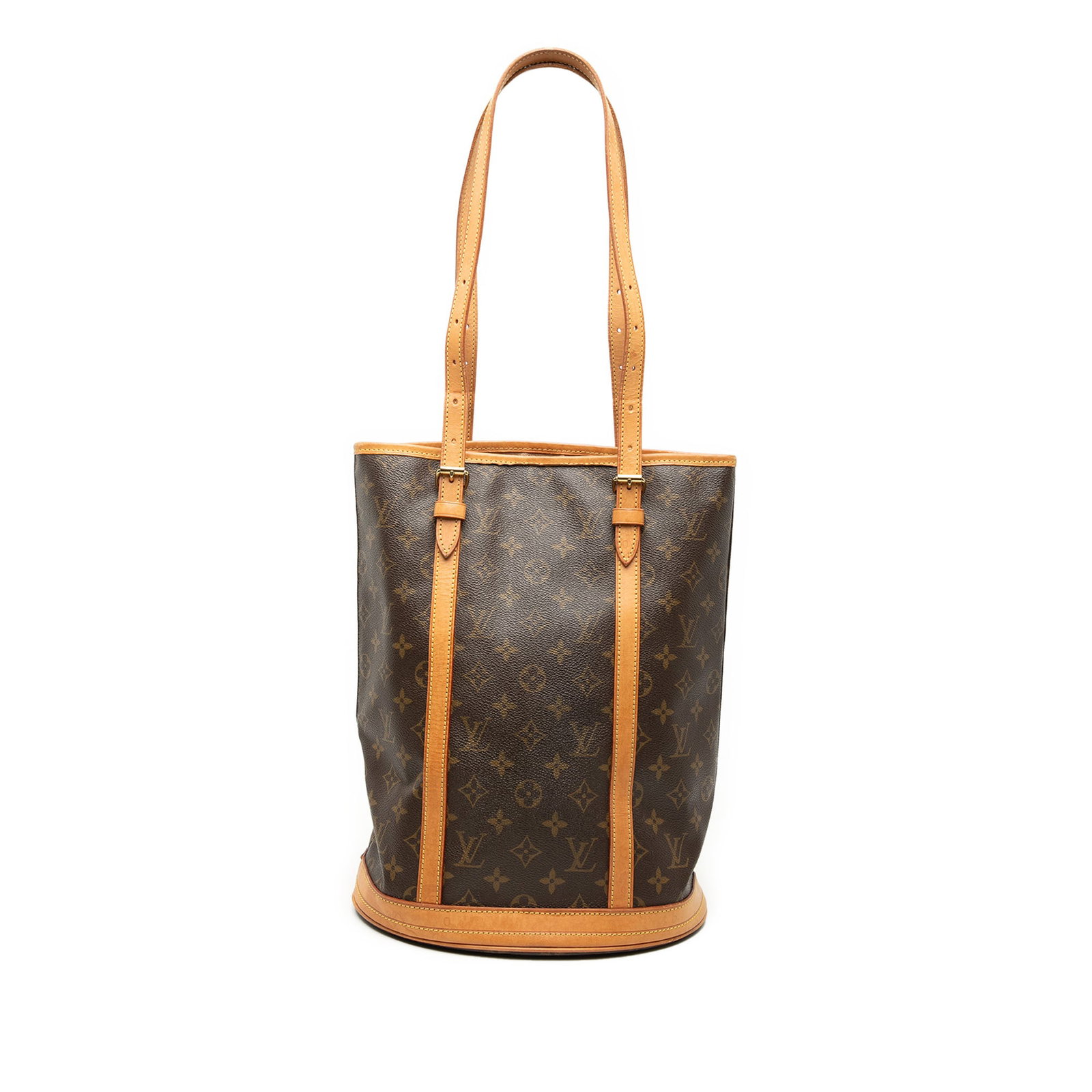 Louis Vuitton Monogram Canvas Bucket GM Tote Bag: Louis Vuitton Monogram Canvas Bucket GM Tote Bag This Louis Vuitton Monogram Bucket GM features the iconic monogram canvas with vachetta leather trim and flat leather straps. The bag has an open top d