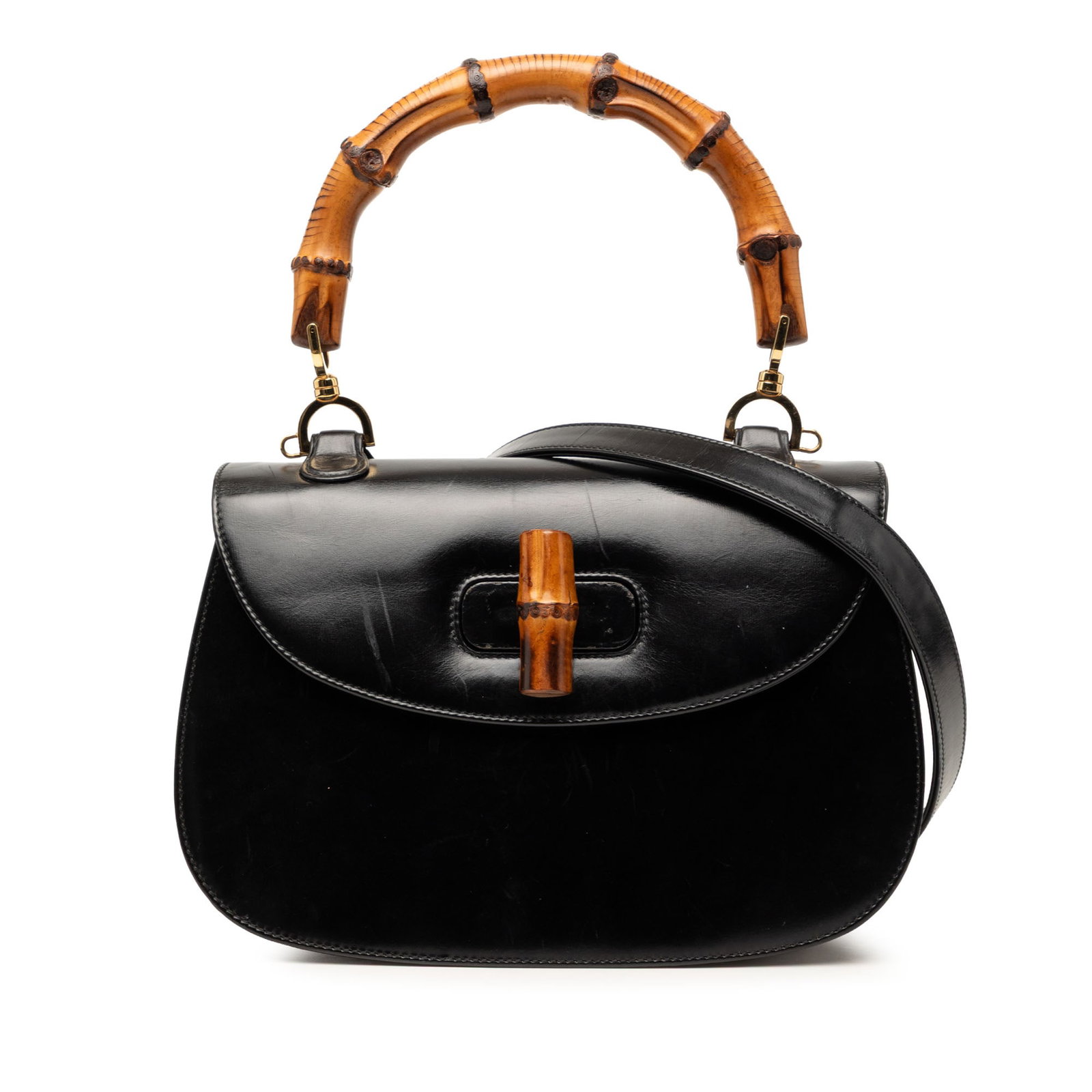 Gucci Bamboo Night Black Leather Top Handle Shoulder Bag: Gucci Bamboo Night Black Leather Top Handle Shoulder Bag This Gucci Calfskin Bamboo Night bag is crafted in black leather and features a bamboo top handle, a detachable flat leather shoulder strap, an