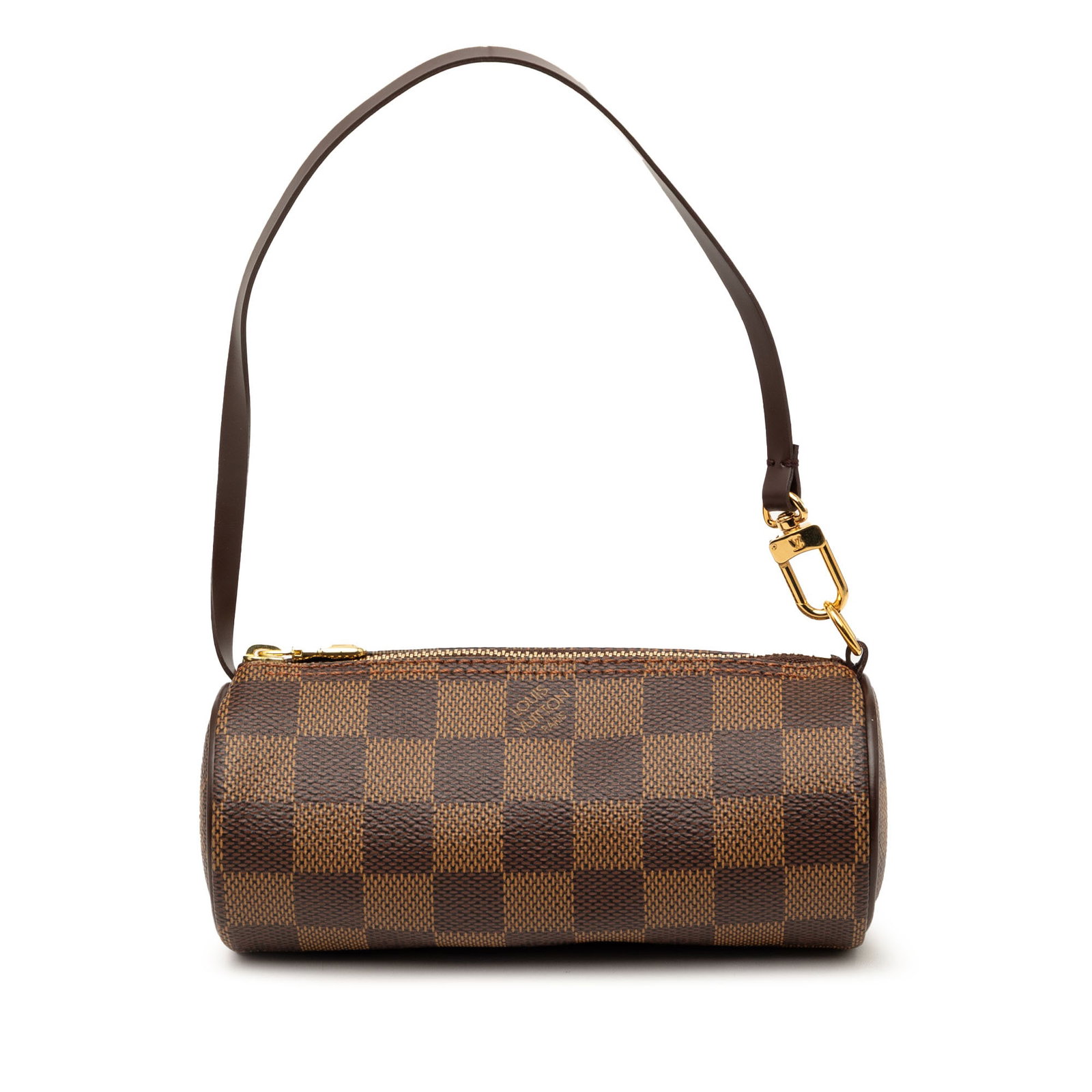 Louis Vuitton Papillon Pochette in Damier Ebene Canvas: Louis Vuitton Papillon Pochette in Damier Ebene Canvas Louis Vuitton Damier Ebene Papillon Pochette in brown fabric with leather trim. This compact bag features a flat leather strap and a top zip clos