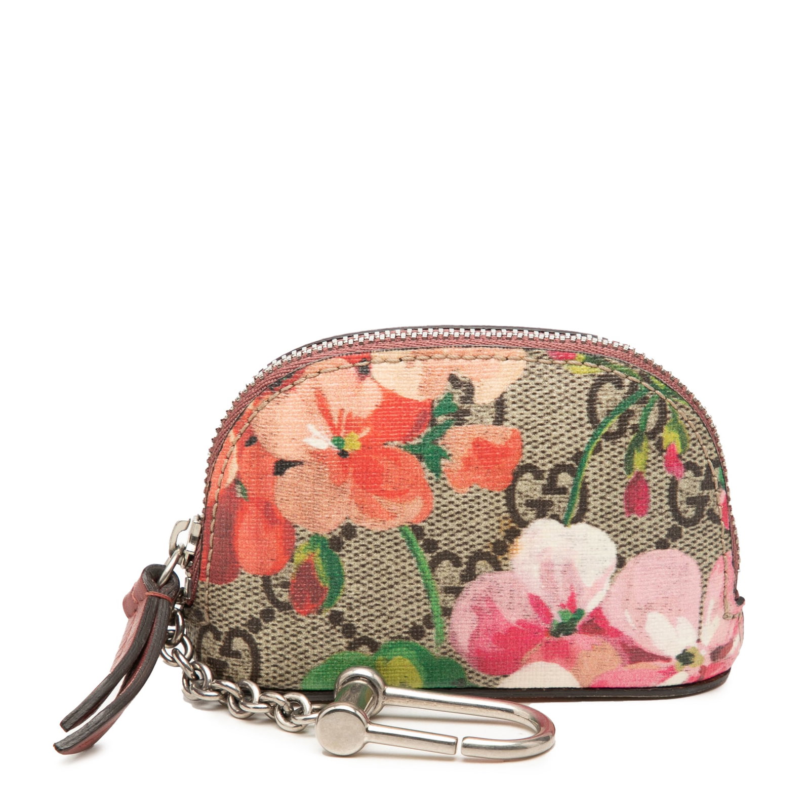 Gucci GG Supreme Blooms zip coin pouch with chain: Gucci GG Supreme Blooms zip coin pouch with chain Gucci GG Supreme Blooms Chain Coin Pouch in beige fabric with printed coated canvas body, silver-tone chain details, and a top zip closure. Made in It