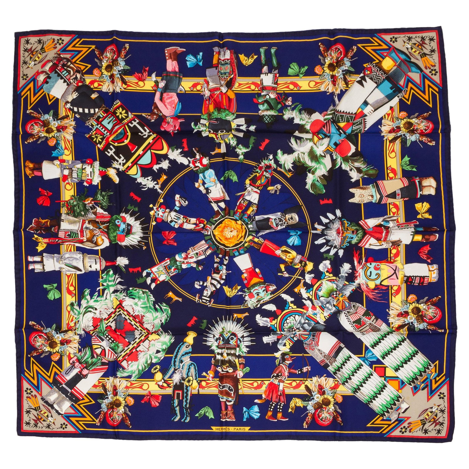 Hermes Kachinas Blue Silk Twill Scarf by Kermit Oliver 35": Hermes Kachinas Blue Silk Twill Scarf by Kermit Oliver 35" Experience the elegance of this Hermes Kachinas collectible scarf, crafted from luxurious silk twill. This stunning 35" square scarf features
