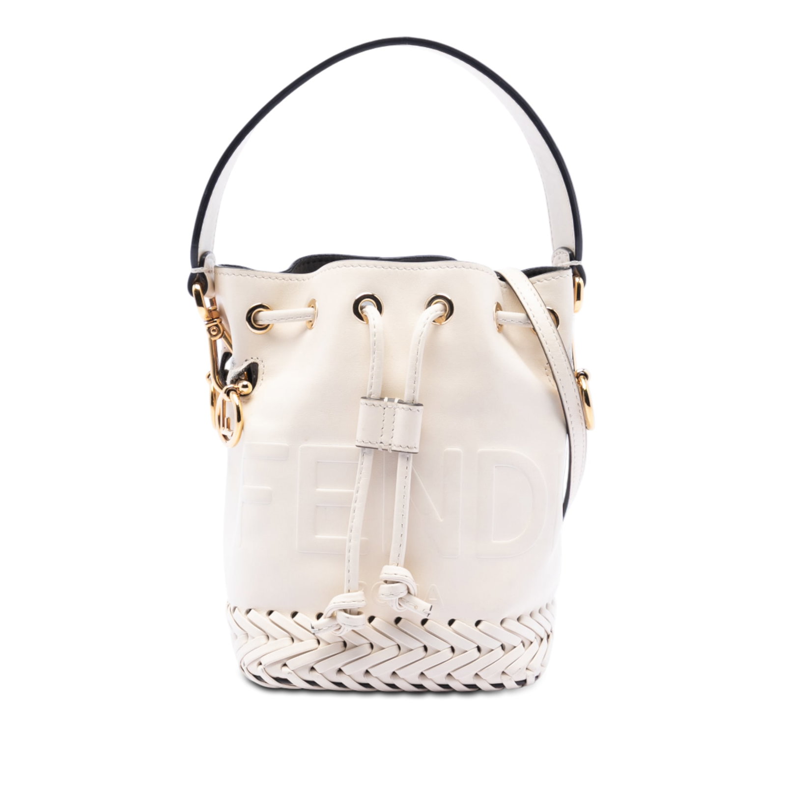 Fendi Mon Tresor Mini White Leather Bucket Bag with Whipstitch Detail: Fendi Mon Tresor Mini White Leather Bucket Bag with Whipstitch Detail This Fendi Mini Embossed Leather Whipstitch Mon Tresor Bucket Bag features a leather body with whipstitch detailing, a flat leathe