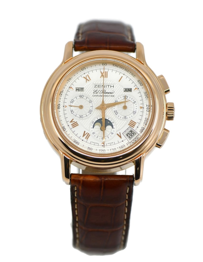 Zenith El Primero Chronomaster 18K Rose Gold 40mm Wristwatch: Zenith El Primero Chronomaster 18K Rose Gold 40mm Wristwatch This Zenith El Primero Chronomaster wristwatch features a 40mm polished 18K rose gold case and an exhibition caseback. It has a silver anal