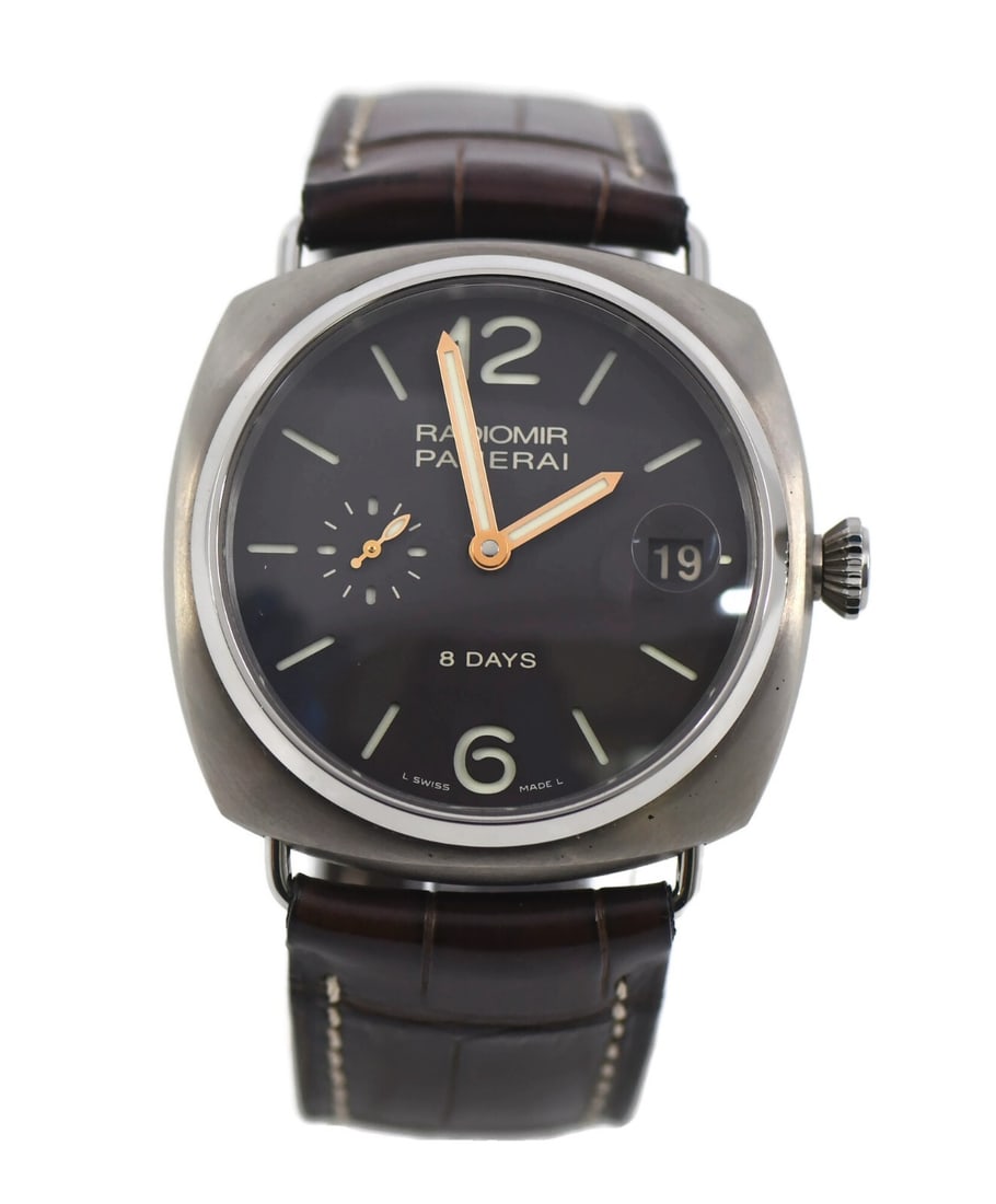 Panerai Radiomir 8 Day Titanium Watch PAM00346 with Box and Papers: Panerai Radiomir 8 Day Titanium Watch PAM00346 with Box and Papers This Panerai Radiomir 8 Day Titanium Watch (Ref: PAM00346) features a robust 45 mm titanium case and a striking brown dial that enhan