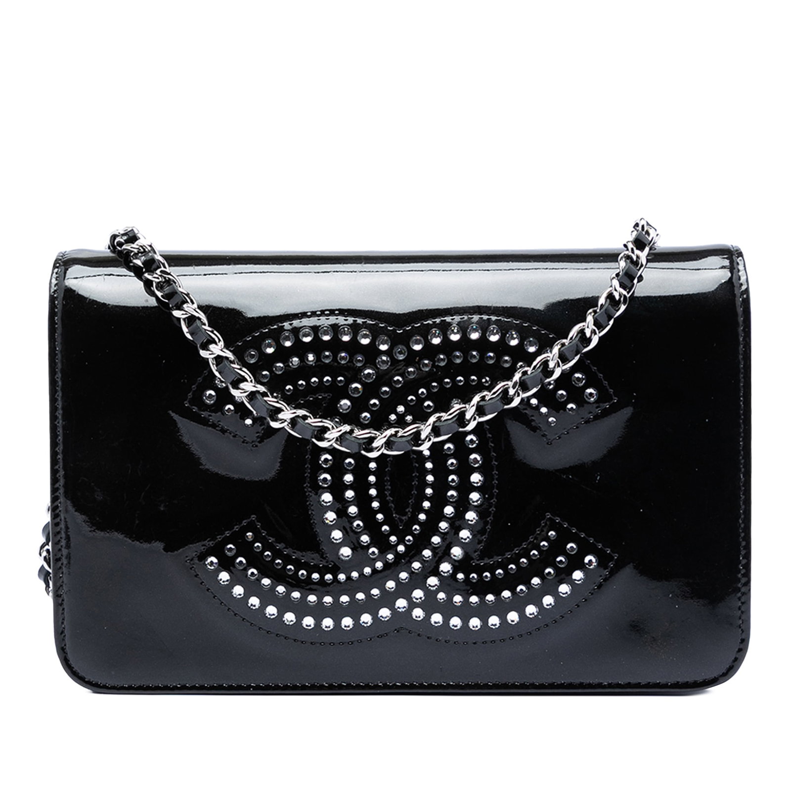 Chanel CC Patent Leather Wallet On Chain with Strass: Chanel CC Patent Leather Wallet On Chain with Strass This Chanel CC Patent Strass Embellished Wallet On Chain features a black patent leather body adorned with rhinestone details. It is designed with 